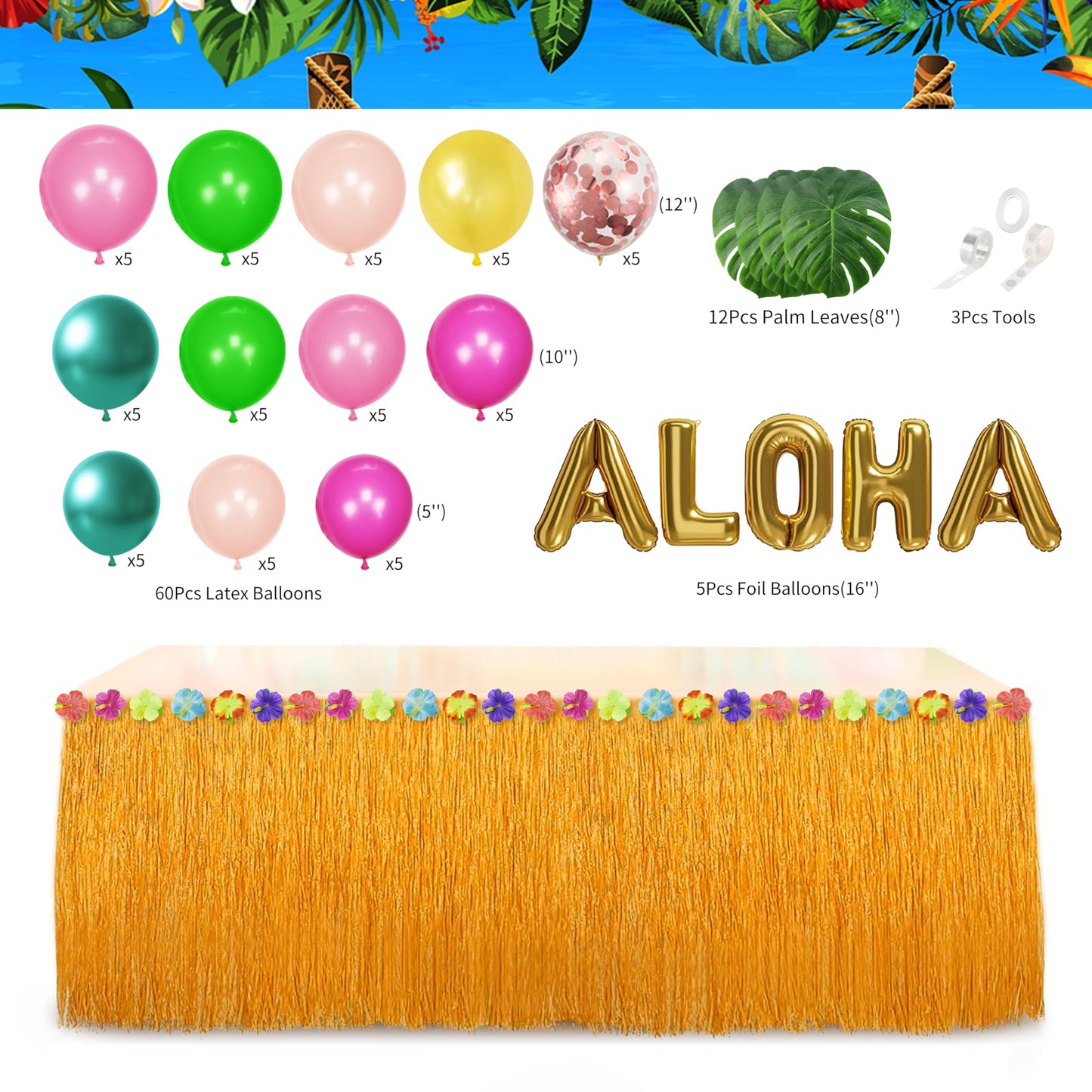 Luau Birthday Party Decorations Hawaiian Party Decorations 169 Pcs Tropical Aloha Party Supplies for Summer Beach Holiday Including Balloon Arch Kit Backdrop Table Skirt Banner Cake Toppers Straws