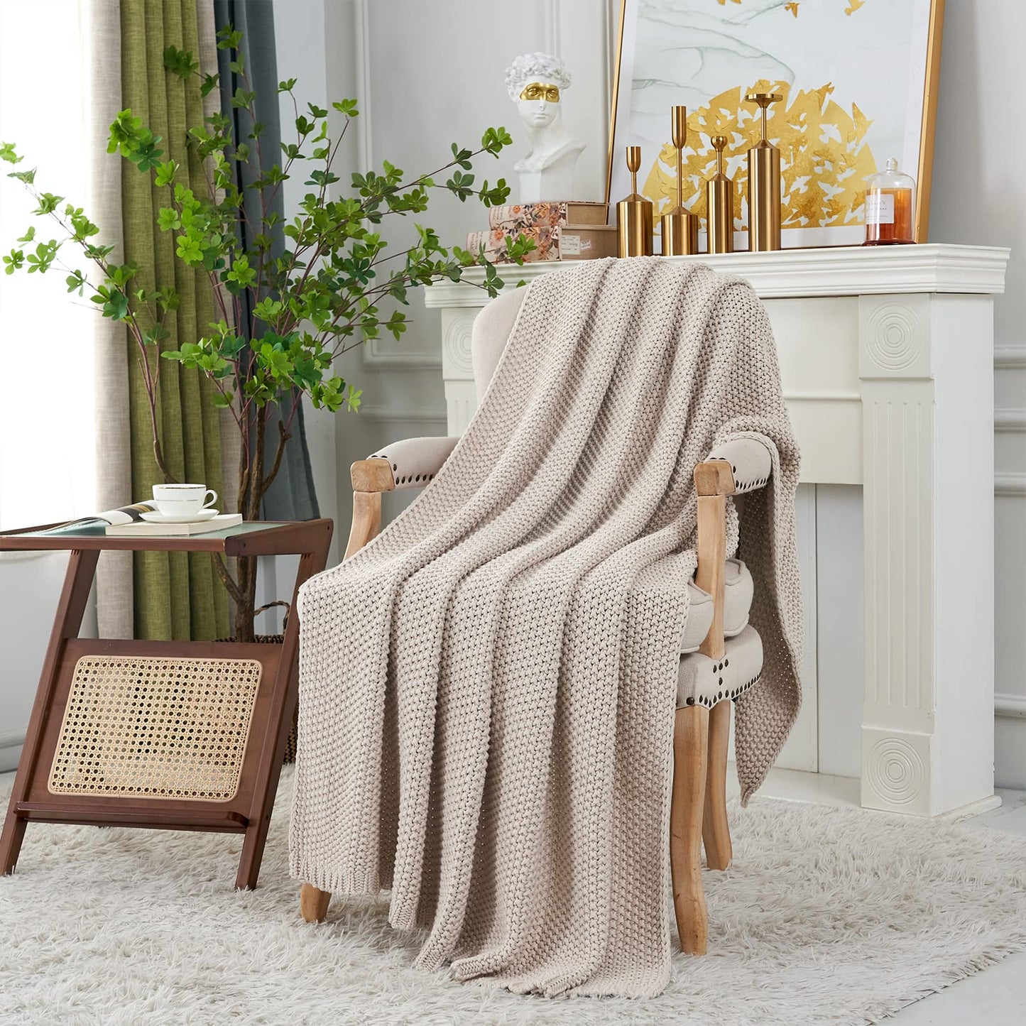 Chunky Cable Knit Throw Blanket Lightweight Beige 100% Organic Cotton Blanket for Sofa Couch Bed Baby Nursery, Rustic Shabby Chic Modern Farmhouse, 60” x 80”