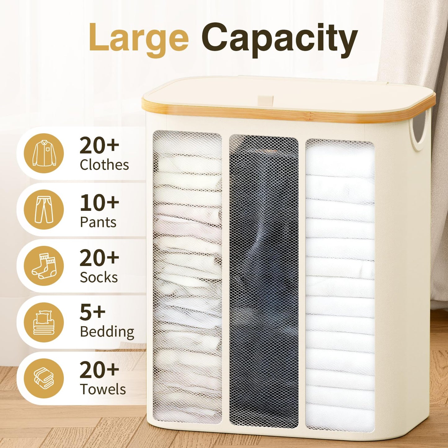 Hampers for Laundry Basket with Lid, 160L Extra Large Laundry Hamper 3 Section Dirty Clothes Hampers for Laundry Divided Laundry Basket Organizer for Bedroom,Laundry Room, Dirty Clothing Hamper, Beige