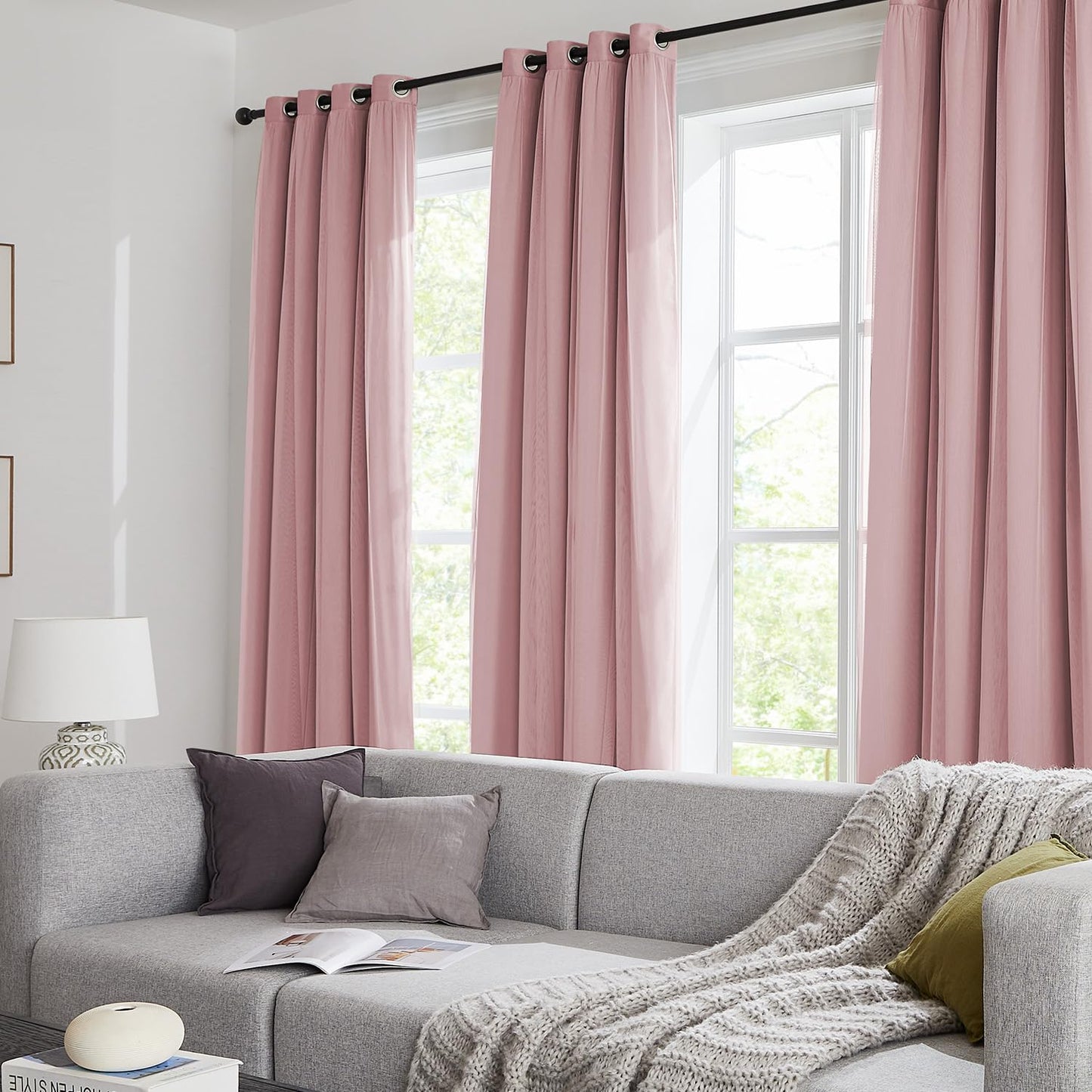 Swandream 100% Blackout Curtains for Bedroom, Double Layer Pink Curtains, Black Out Curtain 84 inch Long with Sheer Overlay for Living Room, Room Darkening Window Drapes with Grommet, 52" W x 84" L