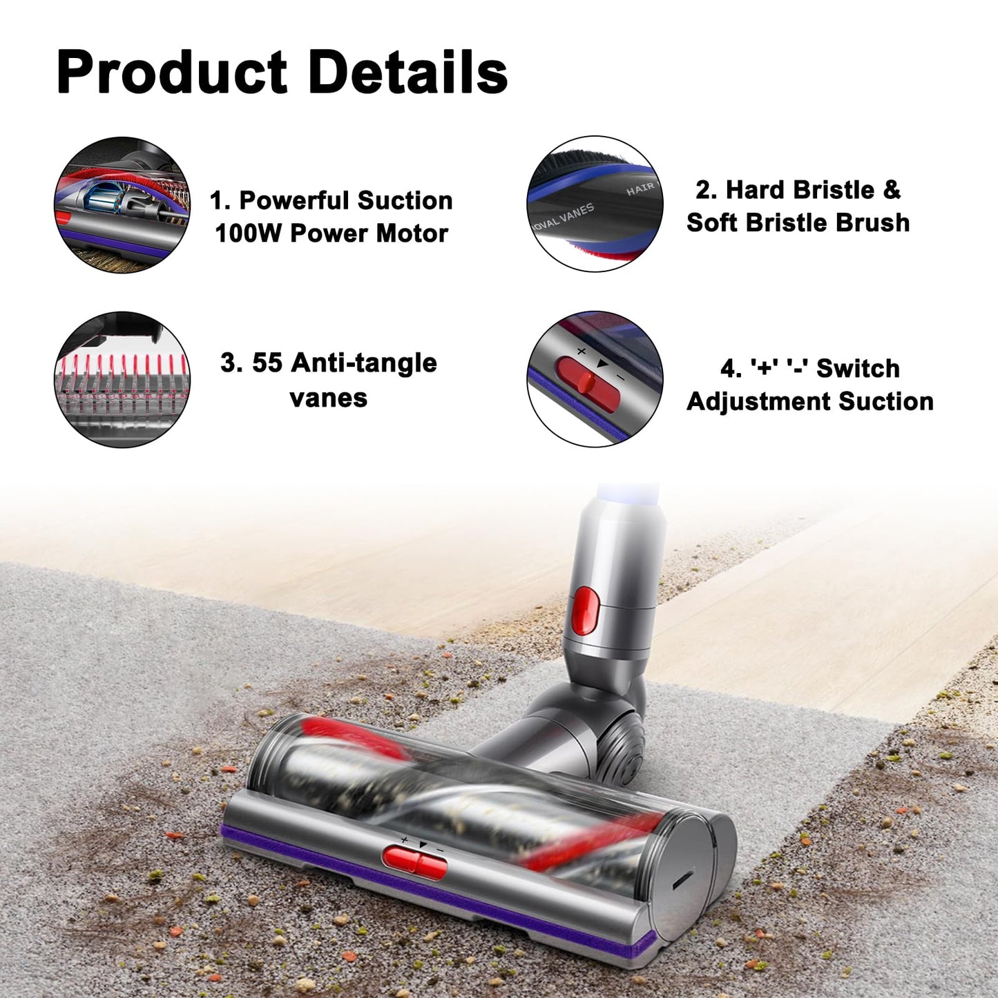 Coodss High Torque Brush Head Replacement for Dyson V11 V15 V10 V8 V7 Vacuum Cleaners, Anti-Tangle Brush, Three Adjustable Suction Modes, Suitable for Hardwood Floor Carpets