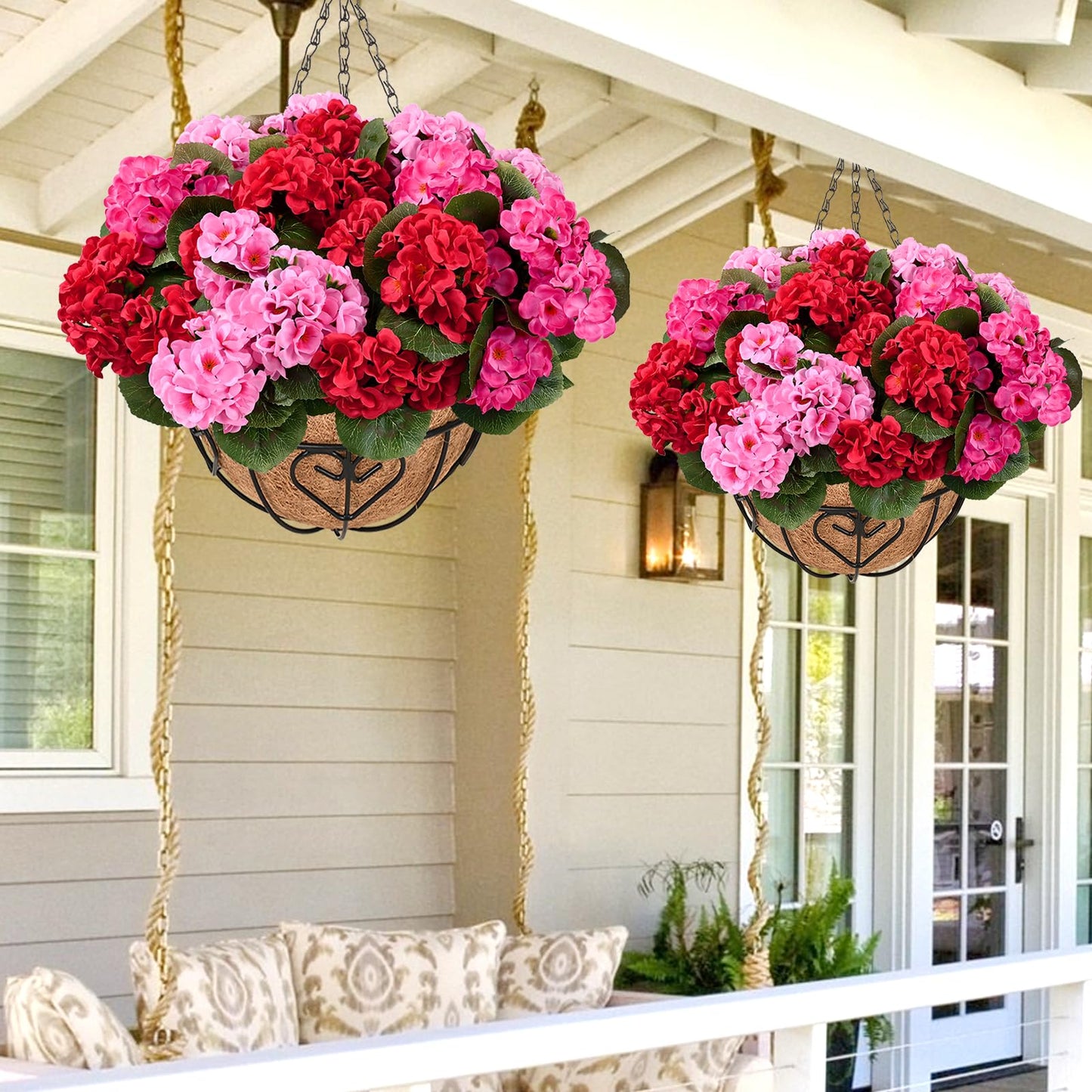 Waipfaru 2 Set Artificial Geraniums for Outdoors with Hanging Baskets, 12 Bundles UV Resistant Artificial Outdoor Plants, Fake Flowers for Spring Front Porch Home Patio Balcony Yard Decor, Mixing