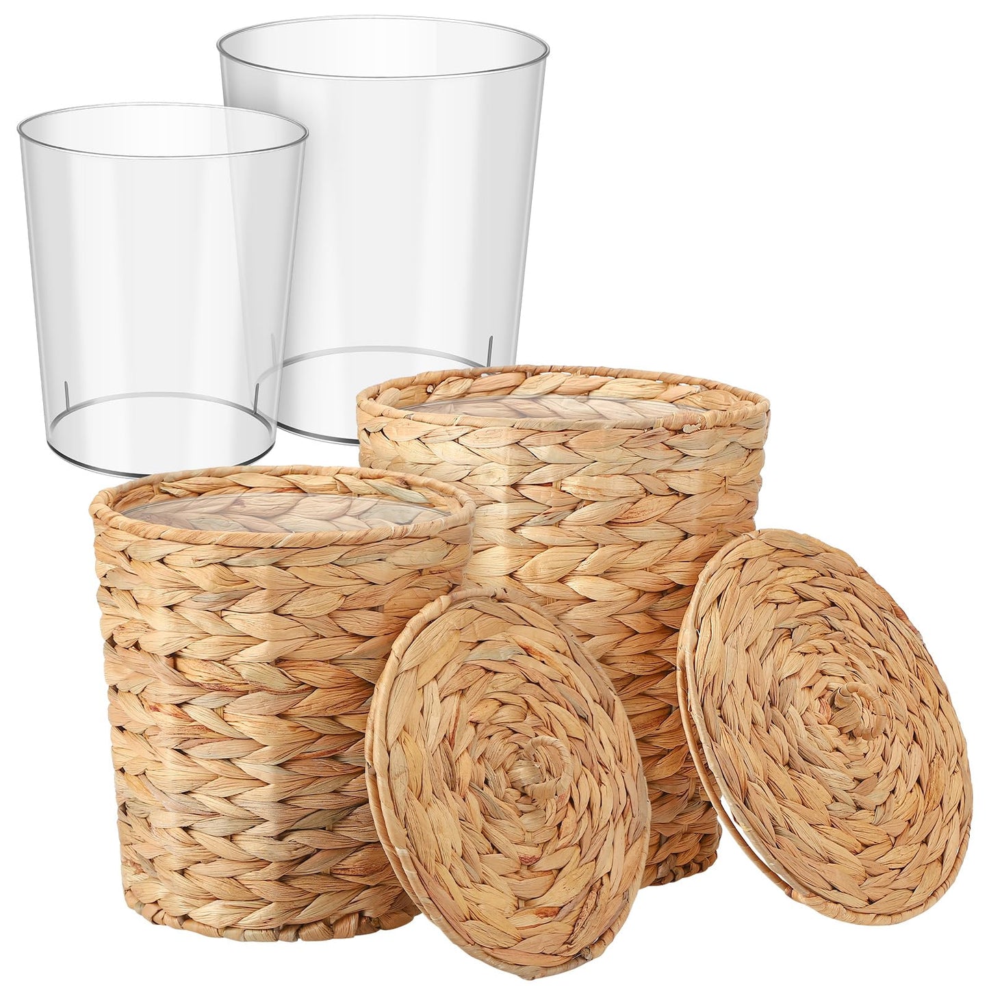 Ovveroche 2 Pcs Wicker Trash Can with Lid and Liner, 2.7 Gallon and 1.88 Gallon Wastebasket Garbage Can Boho Storage Basket for Bathroom Bedroom Home Office Kitchen