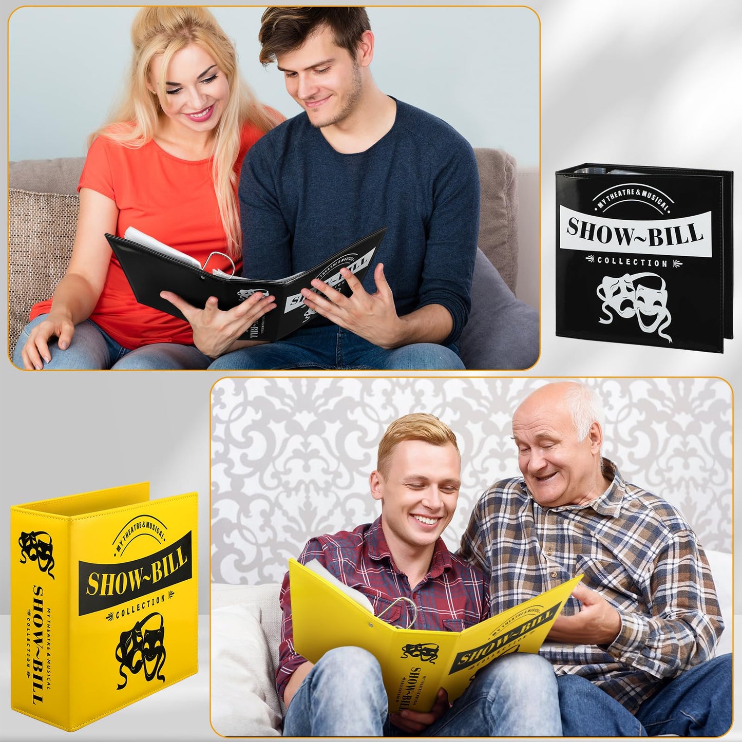 Sinload 2 Set Show Bill Binder with Sleeves for Broadway and Theatre 3 Ring 9.5“ x 9.5”Theater Program Holder with 40 Sheet Protectors PU Leather Playbill Binders Playbill Holder(Yellow and Black)