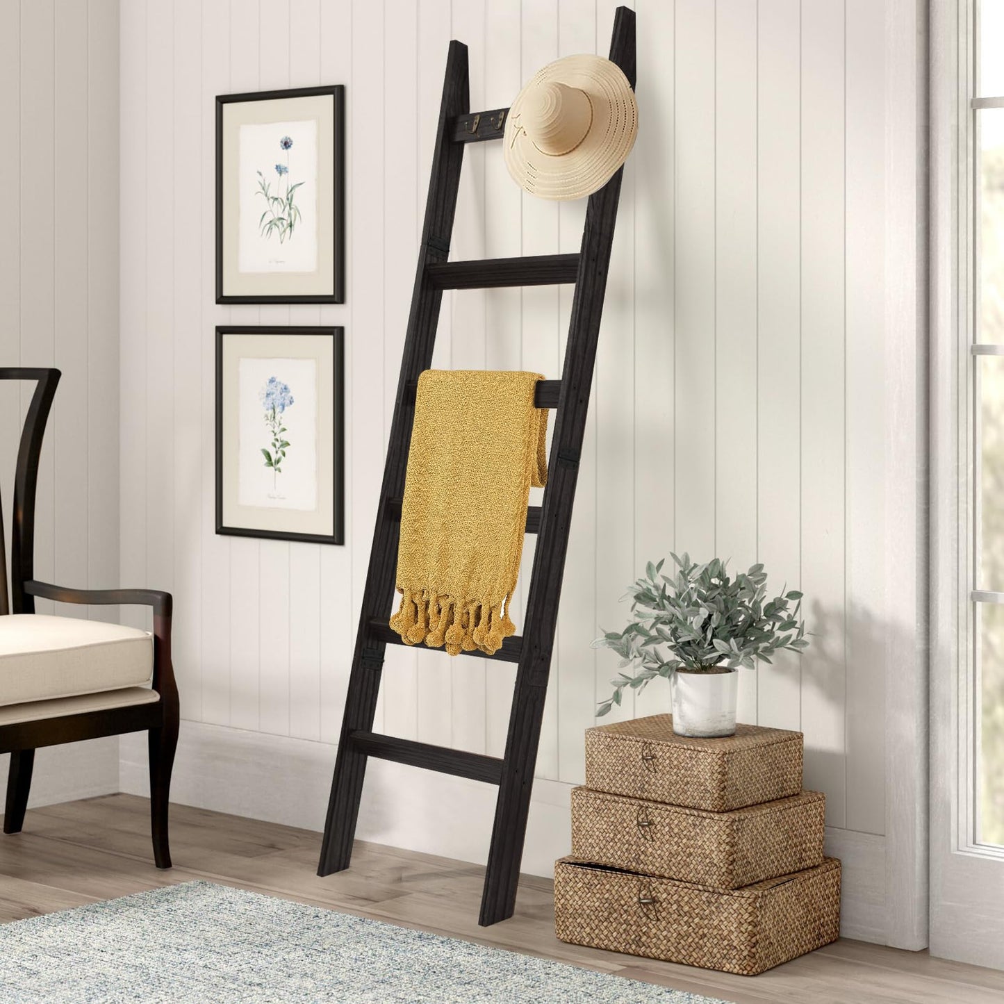 TEAKMAMA 6-Tier Blanket Ladder for Living Room and Bedroom,5.4 Ft Wall Leaning Quilt Rack with Hooks,Rustic Decorative Farmhouse Blanket Storage,Stylish Ladder Holder,Christmas Decorations,Black
