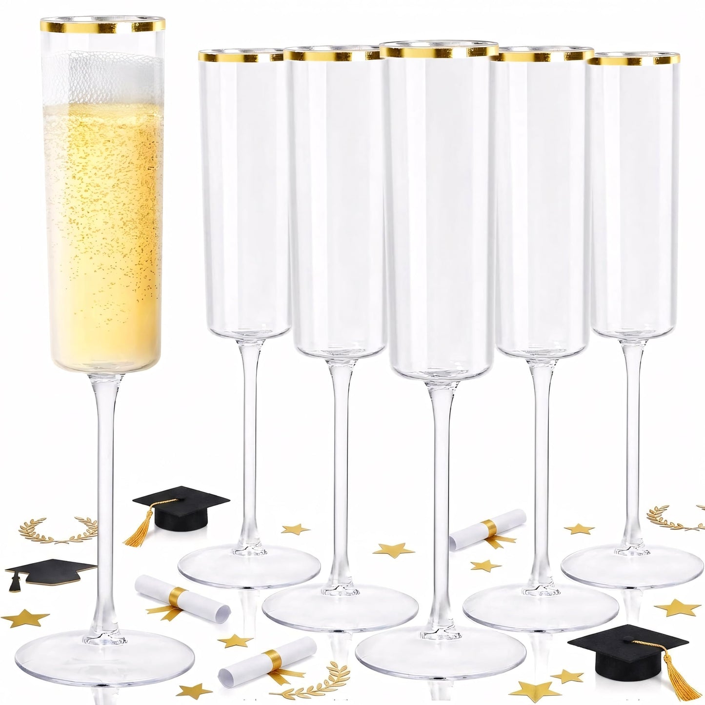 Ciaell 24 Pack Plastic Champagne Flutes - 6Oz Gold Rim Disposable Champagne Glasses - Square Clear Plastic Toasting Glasses for Party Birthday Anniversary Wedding