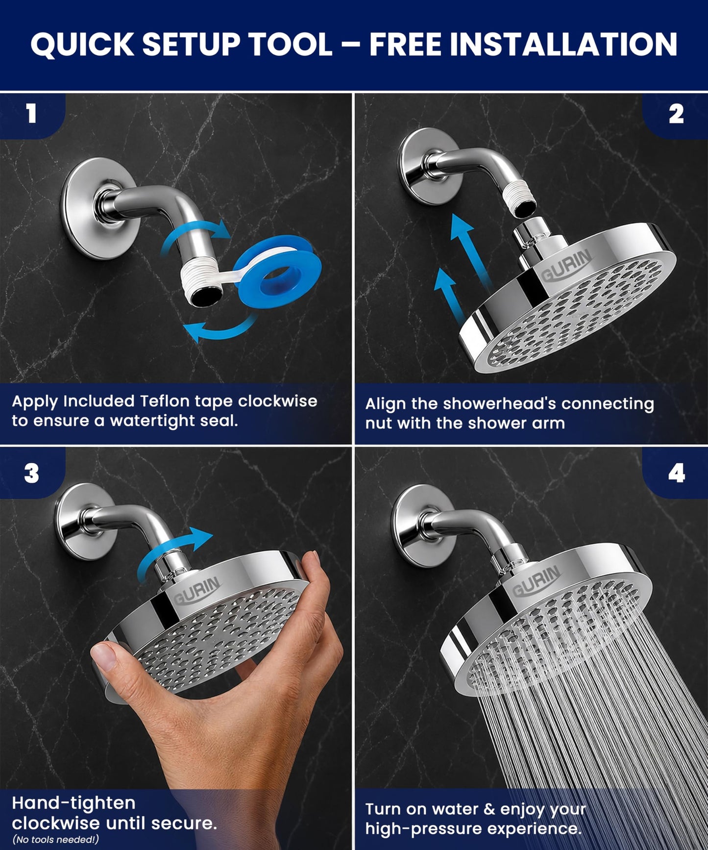 GURIN Shower Head - Powerful High Pressure Rain Shower Head 6 Inch - Luxury Rainfall Showerhead with Adjustable Angles, 90 Anti-Clog Nozzles, Tool-Free 1-Min Install, Premium Polished Chrome Finish