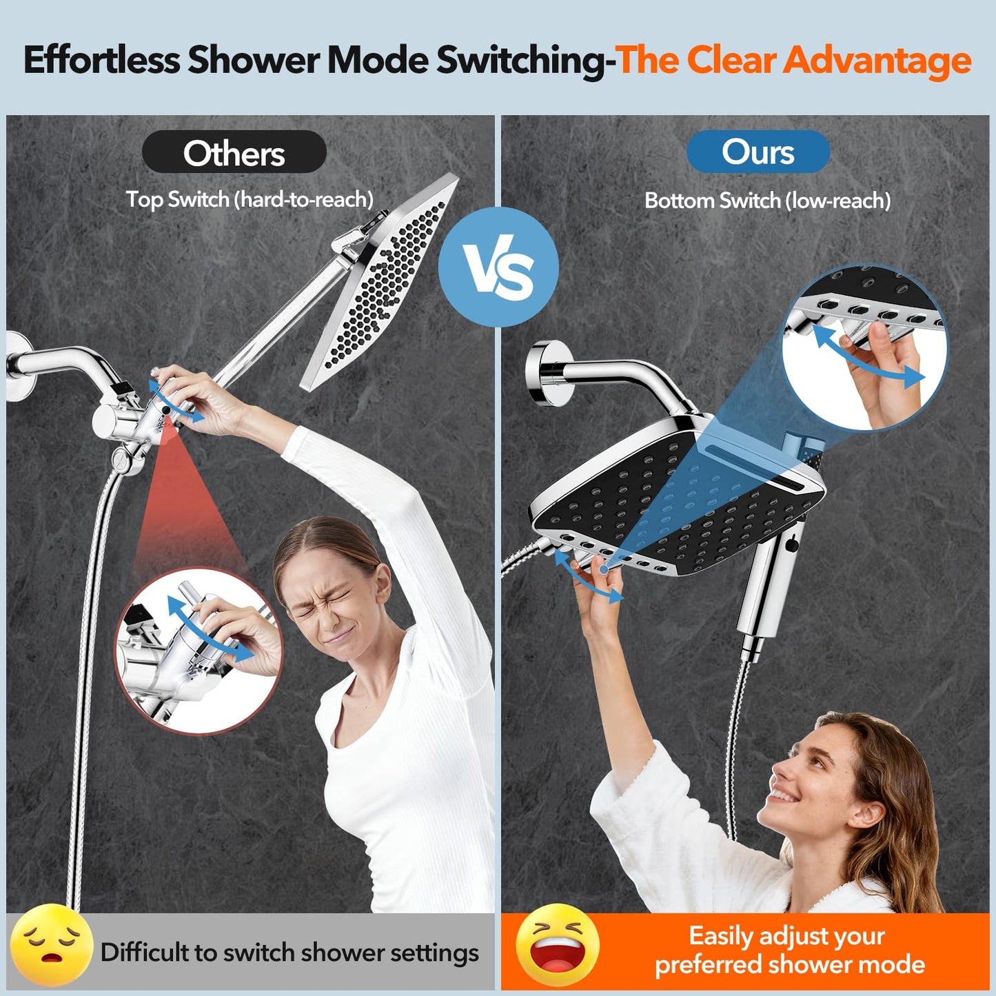 High Pressure Rain Shower Head, 7 Spray Modes Rain Shower Heads with Handheld Spray Combo, Dual Showerhead with 10 Inch Rainfall Spray, Detachable Hand Held Shower, Stainless Steel Hose, Power Wash