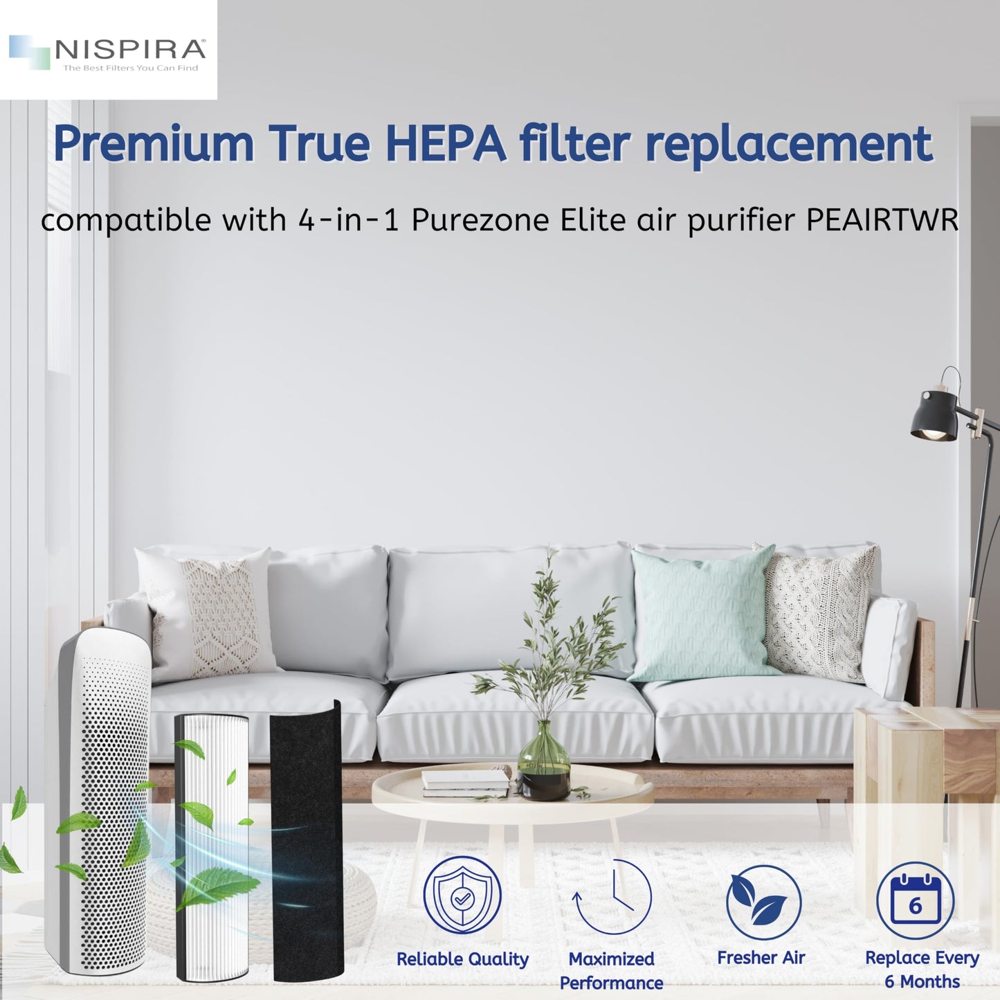 Nispira 2-in-1 True HEPA Replacement Filter PETWRFIL For Pure Enrichment PureZone Elite 4-IN-1 Tower Air Purifier PEAIRTWR (2-HEPA + 2-PreFilter)