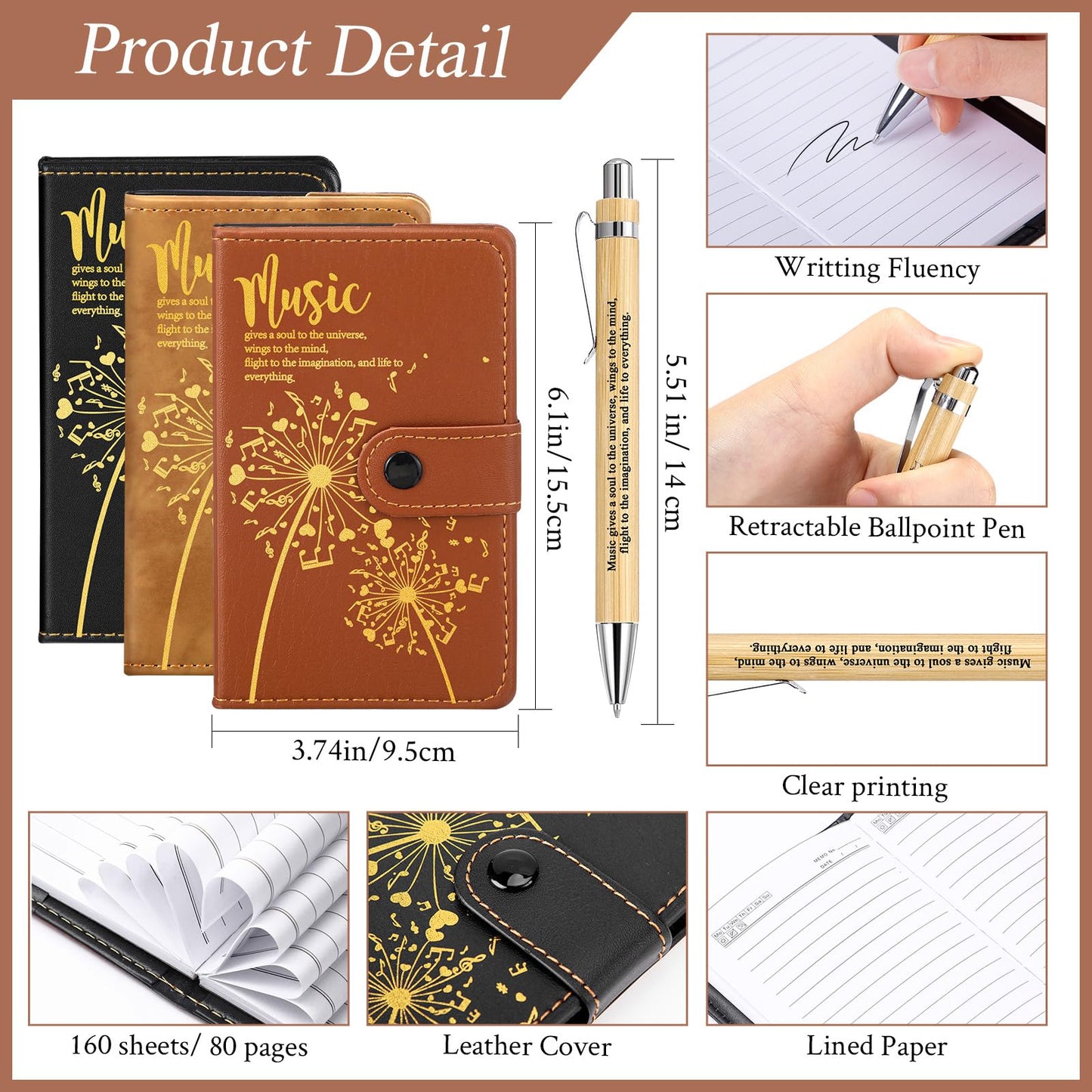 Gueevin 15 Sets Music Graduation Gifts for Students Choir Members Inspirational Music Themed Leather Notebook with Piano Ballpoint Pen Graduation Gift for Teen Student Musician Teacher(Burlywood)