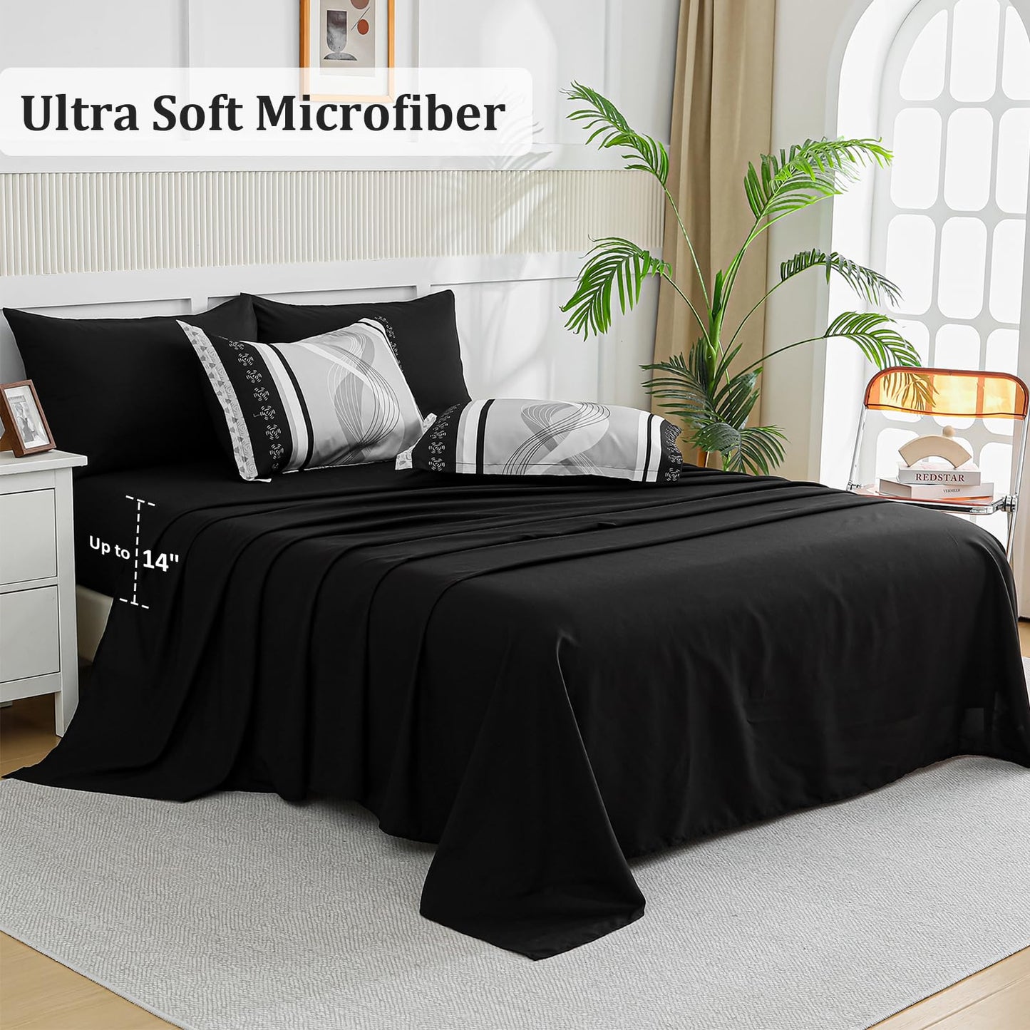 Anibedding Black Comforter Set King Size,8 Pieces Boho Bed in a Bag Patchwork Striped Comforter Set, Soft Microfiber Bedding Set for All Season(104"×90")