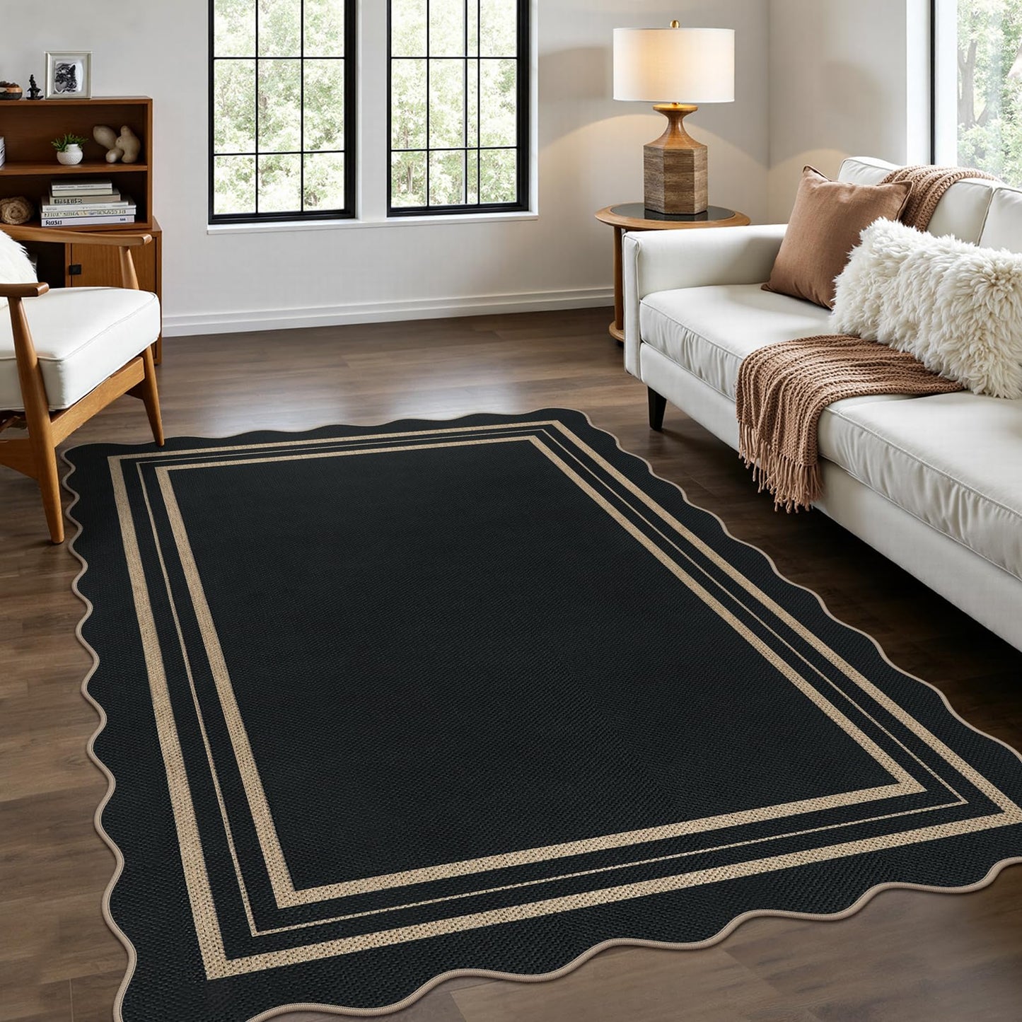 LORWER Modern Easy Jute 4x6 Outdoor Patio Rug, Washable Indoor Black Kitchen Rugs Farmhouse Neutral Non Slip Area Rug for Living Room Backyard Bedroom