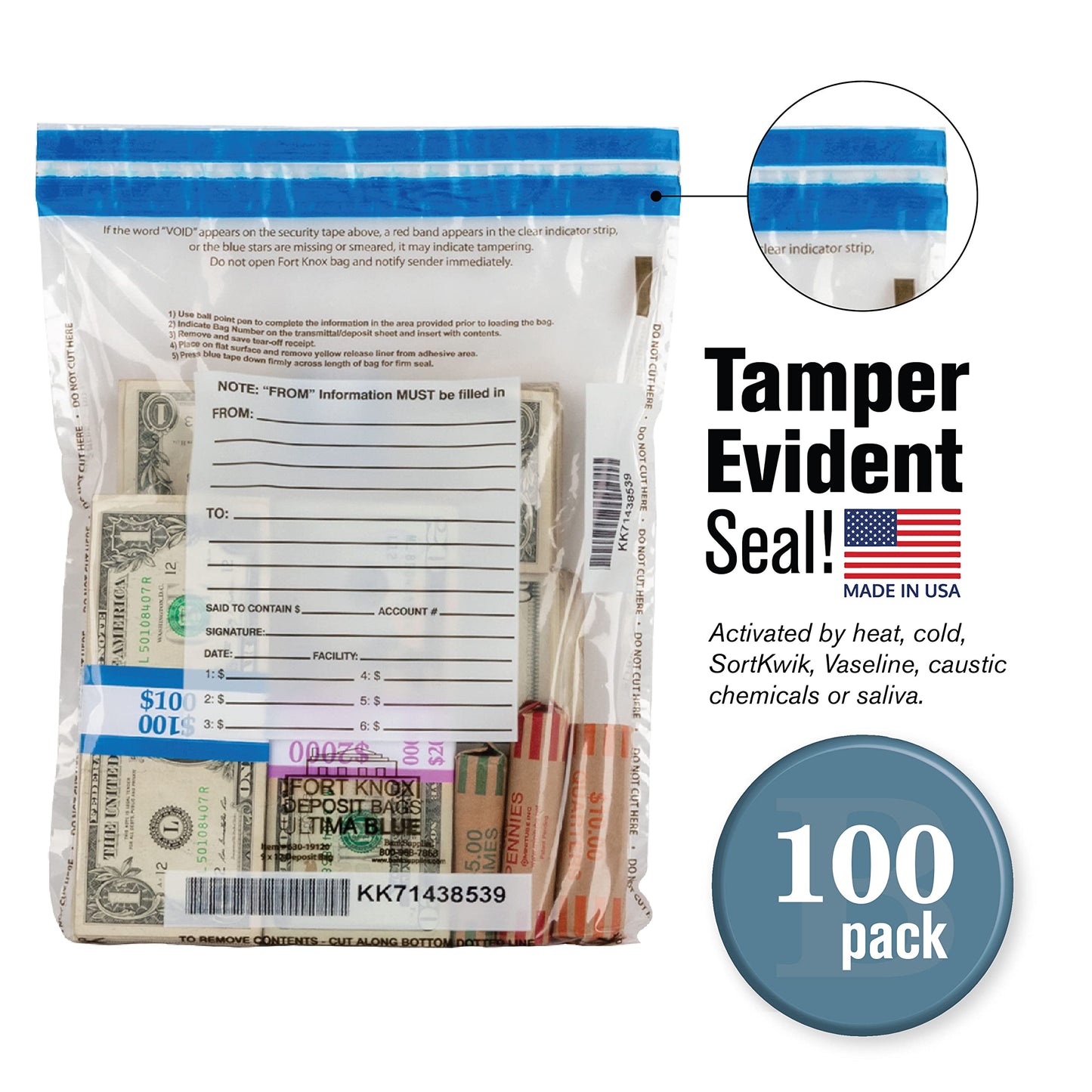 BankSupplies Ultima Blue Tamper-Evident Clear Deposit Bags 9W x 12H Pack of 100 with Advanced Security Detection Features