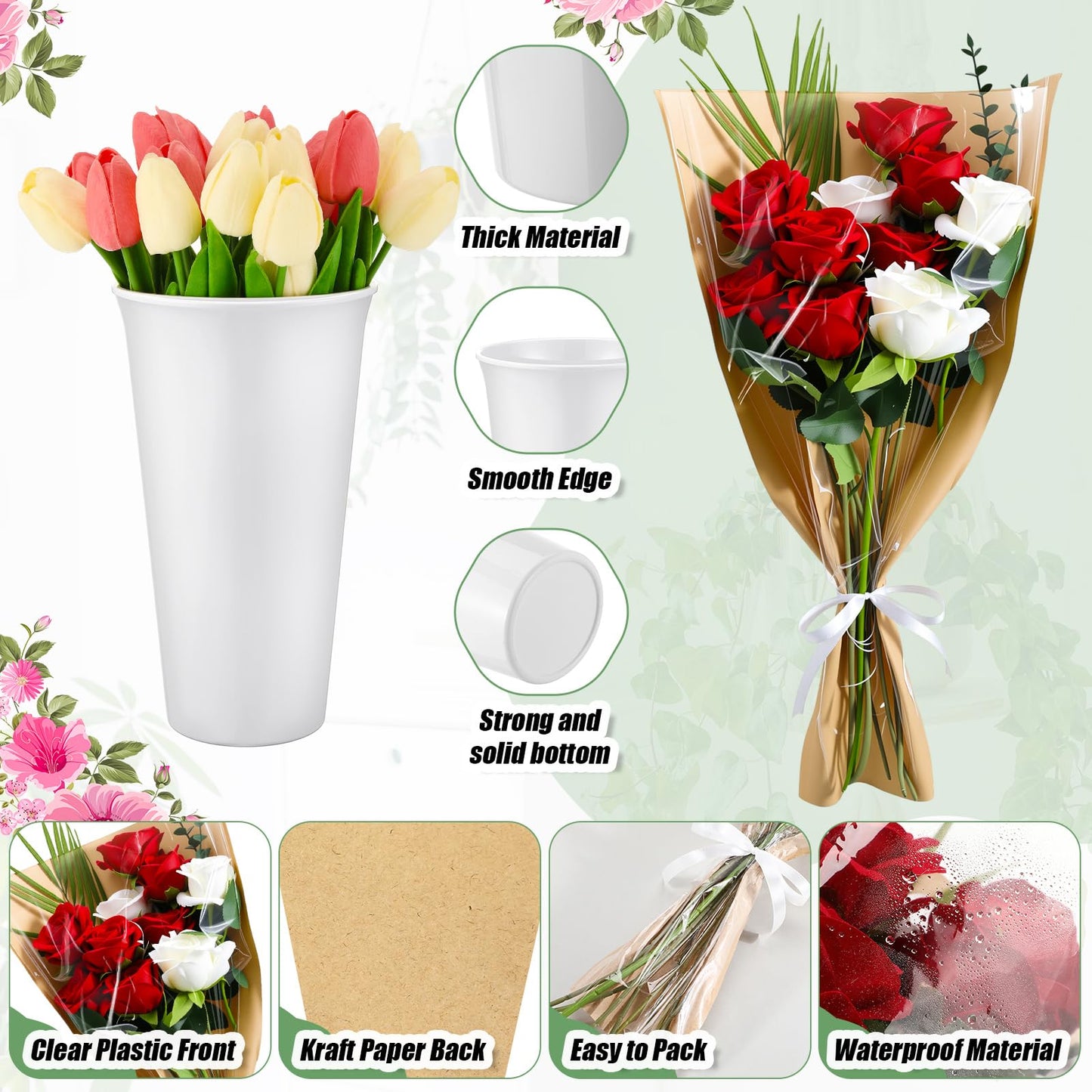 LemonRoad 60 Pcs Flower Bar Buckets Set Kit Include Clear Kraft Flower Bouquet Gift Bags Wrapping Sleeves, 9.84' Plastic Flowers Bucket, Scissors Ribbon for Bar Supplies Wedding Bridal Shower Decor