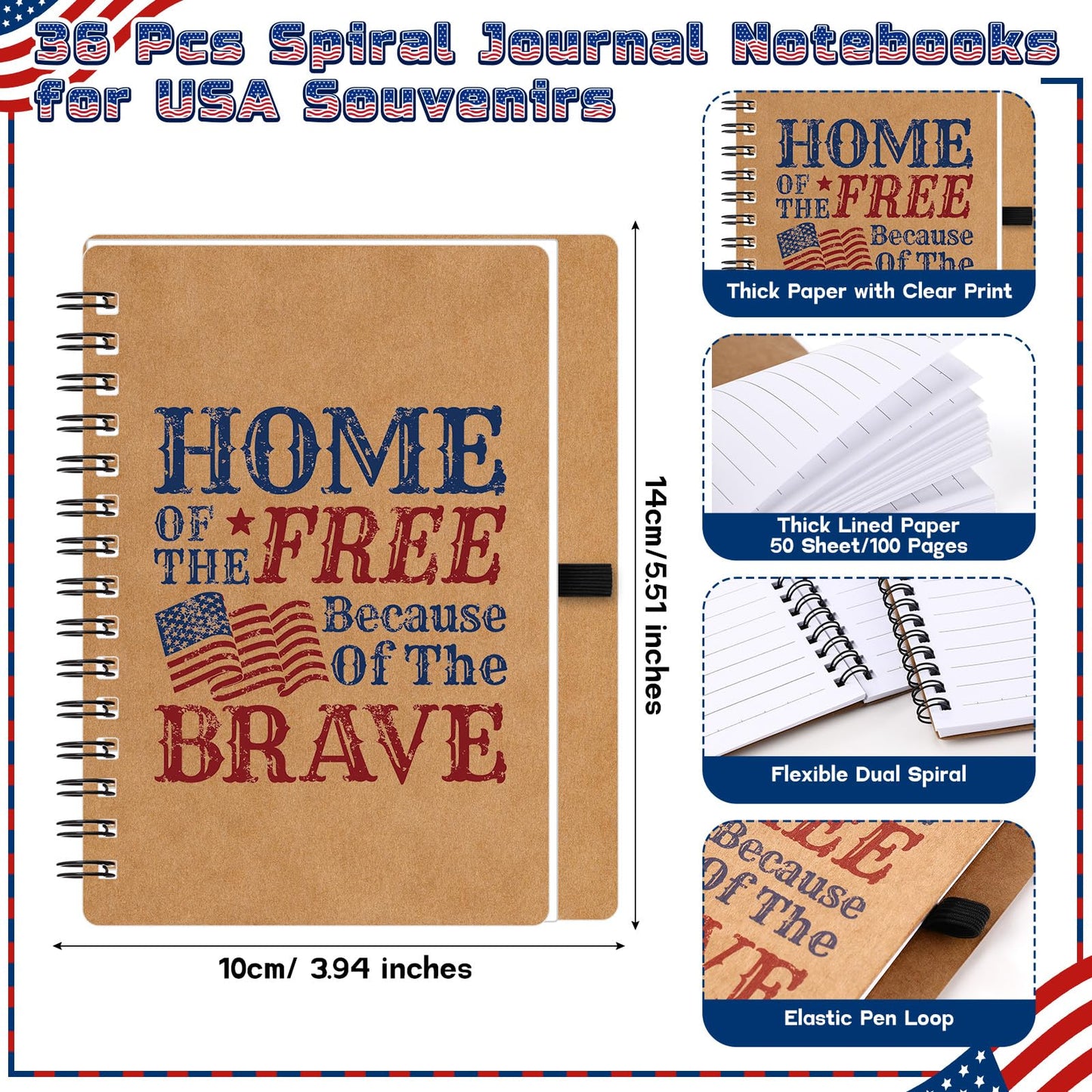 Resurhang 250th Anniversary Memorial Day Gift American Flag Ballpoint Pens Spiral Notebooks Home of The Free Because of The Brave Journal USA Patriotic for Veteran Military Soldier 250th Gift(36 Set)