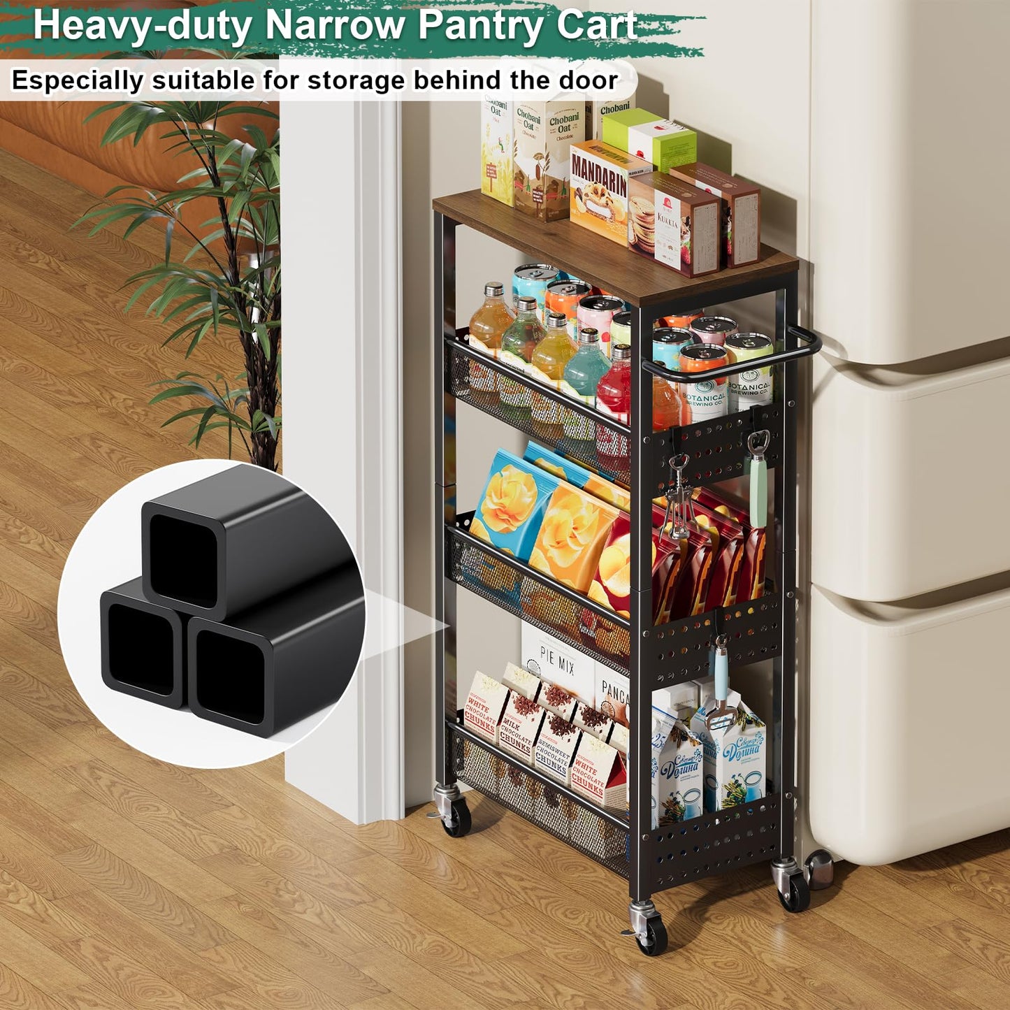 Utility Slim Storage Cart, 4-Tier Narrow Bathroom Organizer and Storage Cart, Metal Narrow Kitchen Laundry Room Organization Rack with Wood Top, Slim Rolling Shelf with Wheels for Small Space