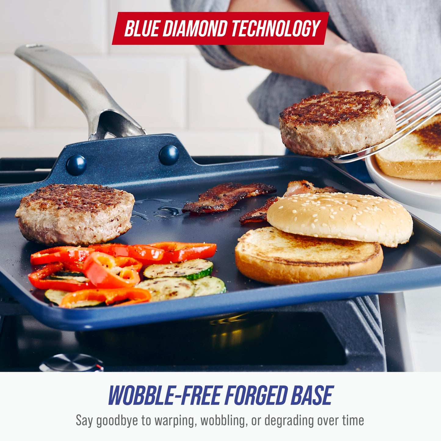 Blue Diamond 11" Nonstick Square Griddle Pan, Non Toxic PFAS-Free Diamond Ceramic, Dishwasher & Oven Safe, Even Heating, Metal Utensil Safe, Warp Control, Blue