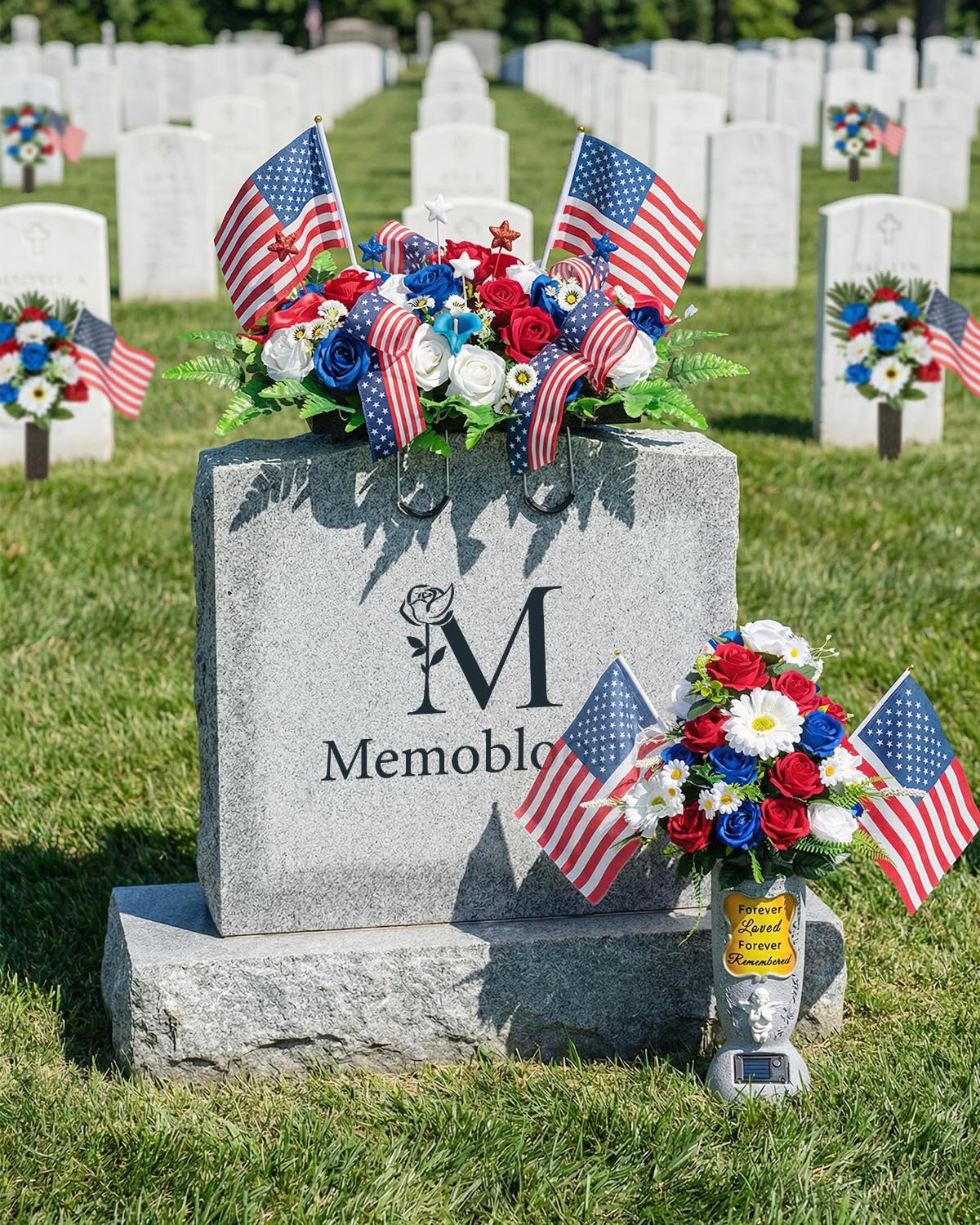 Memobloom Memorial Day Flowers for Cemetery: Large 36 Heads Velvet Red White Blue Roses Bouquet with Flags for Veterans - Outdoor Artificial Patriotic Grave Flowers America 250 Decorations