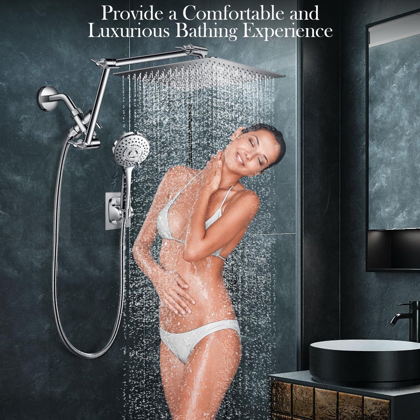 12'' Rain Shower Head Combo, High Pressure Rainfall Shower Head with 16'' Flexible Adjustment of Height/Angle Upgraded Extension Arm and 5 Setting Spray Handheld Shower Head, Anti-leak (Chrome)