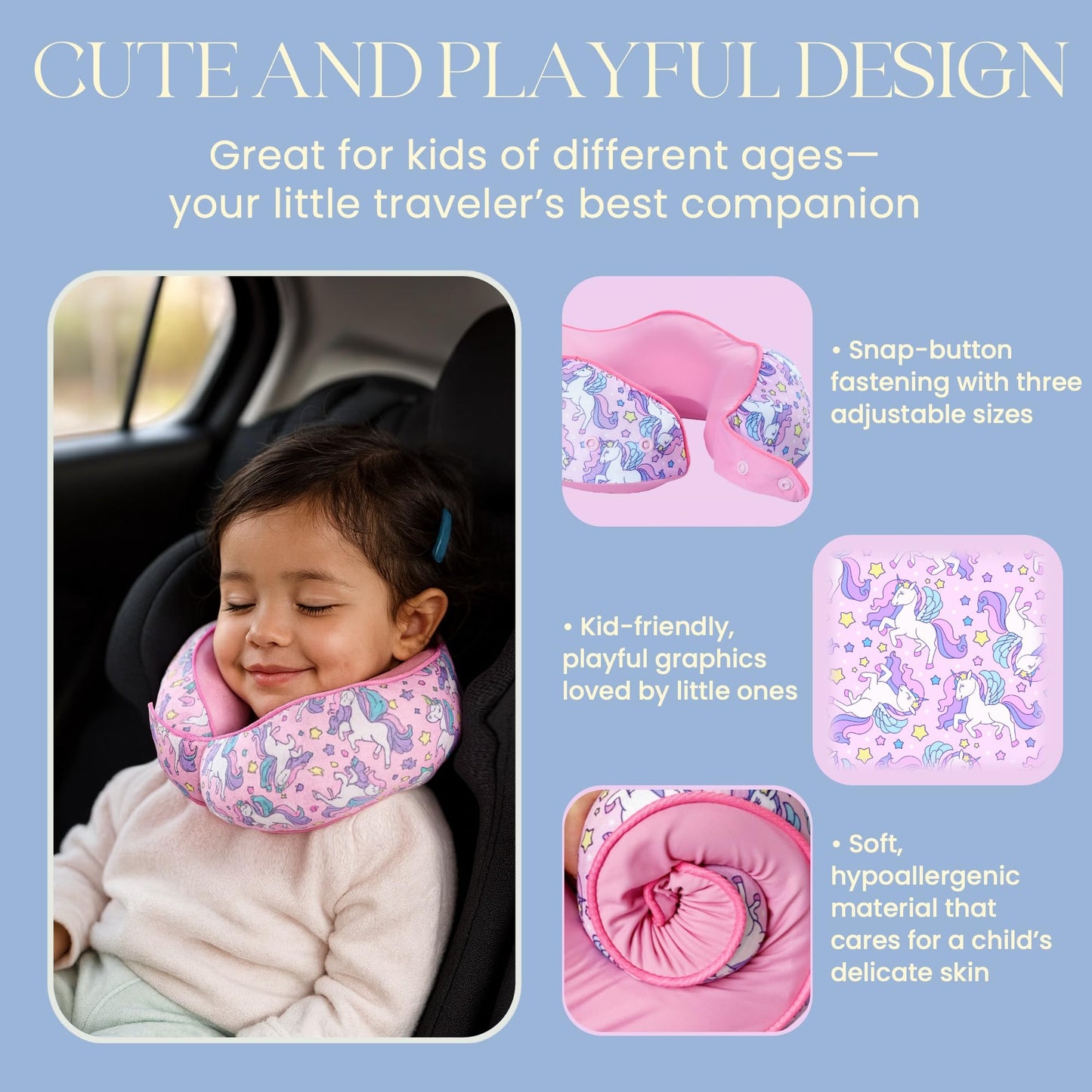 SKYTRAX® Certified Kids Safe Memory Foam Travel Neck Pillows for Kids and Toddlers, Cute Cartoon Design, Car Seat & Airplane Head Neck Support, Adjustable Snap Buttons, Washable Soft Cover (Unicorn)