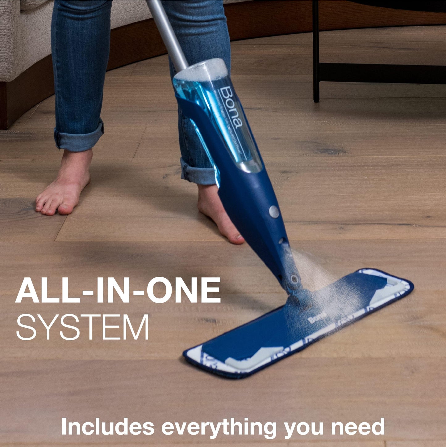 Bona Premium Hardwood Floor Spray Mop System – Durable Aluminum Handle with Secondary Grip and Soft Rubberized Corners to Protect Furniture, Washable Microfiber Pad & Refillable Cartridge