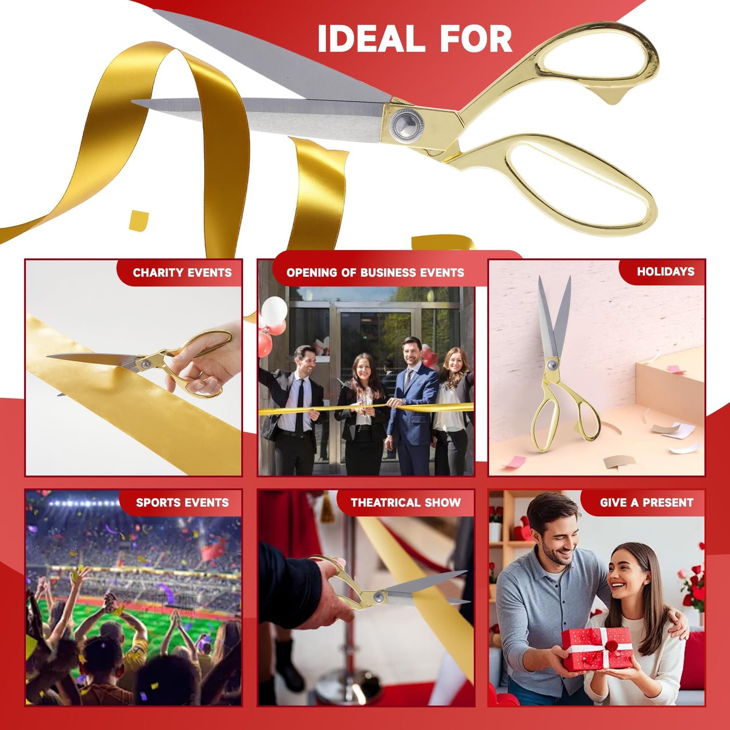 COMSIS Ribbon Cutting Ceremony Kit 10" Gold Handled Elegant Sharp Ribbon Cutting Scissors & 30 Feet Long 4" Wide Gold Satin Grand Opening Ribbon - Ceremonial Kit