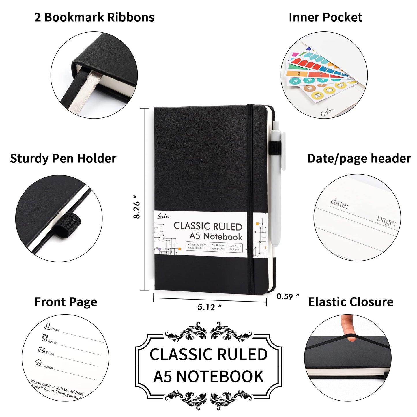 feela 8 Pack Journal Notebook Bulk for School, Hardcover Business Notebooks Classic Ruled Lined Journals with Pen Holder for Work Note Taking, with 8 Black Pens, 120 GSM, 5.1”x8.3”, A5, Black