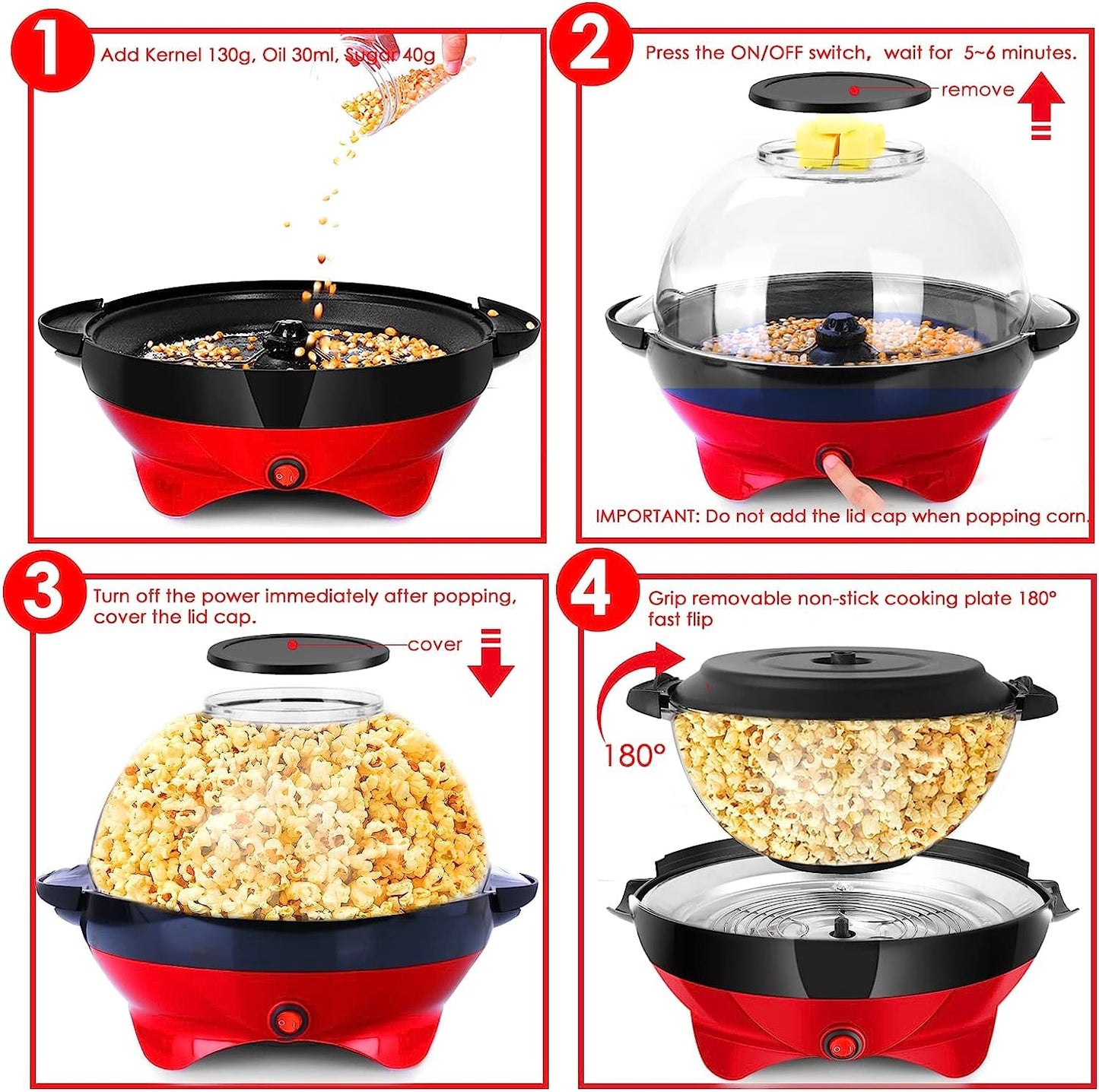 TLGREEN 6 Quart Popcorn Machine - 24 Cups, Stir Crazy Popcorn Popper Machine, Electric Hot Oil Popcorn Maker Machine, with Nonstick Plate & Stirring Rod, Large Lid as Serving Bowl and 2 Measuring Cups