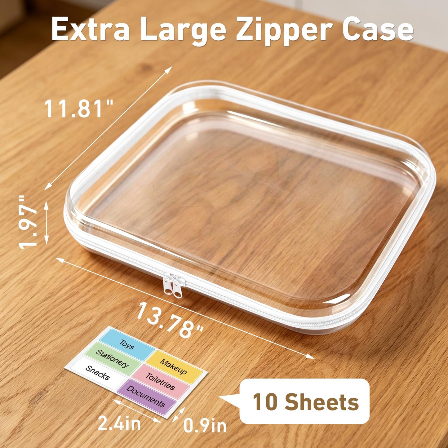 OrgEase 3 Pack Extra Large Clear Hard Shell Zipper Case with Labels, Travel Toiletry Pouch Makeup Organizer, Clear Diaper Bag, Hard Plastic Storage Bins for Board Game Toy Puzzle Stationery, White