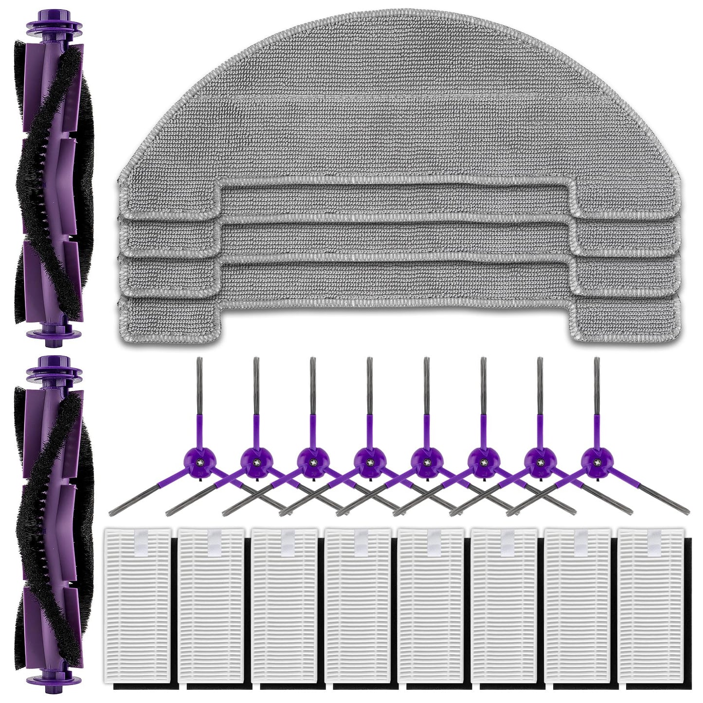 (22 Pack) MR1 SE Replacement Parts Compatible with MONSGA MR1 SE Robot Vacuum Cleaner, 2 Roller Brushes, 8 Side Brushes, 8 HEPA Filters with Foam Filters, 4 Mop Pads, Accessories Kit