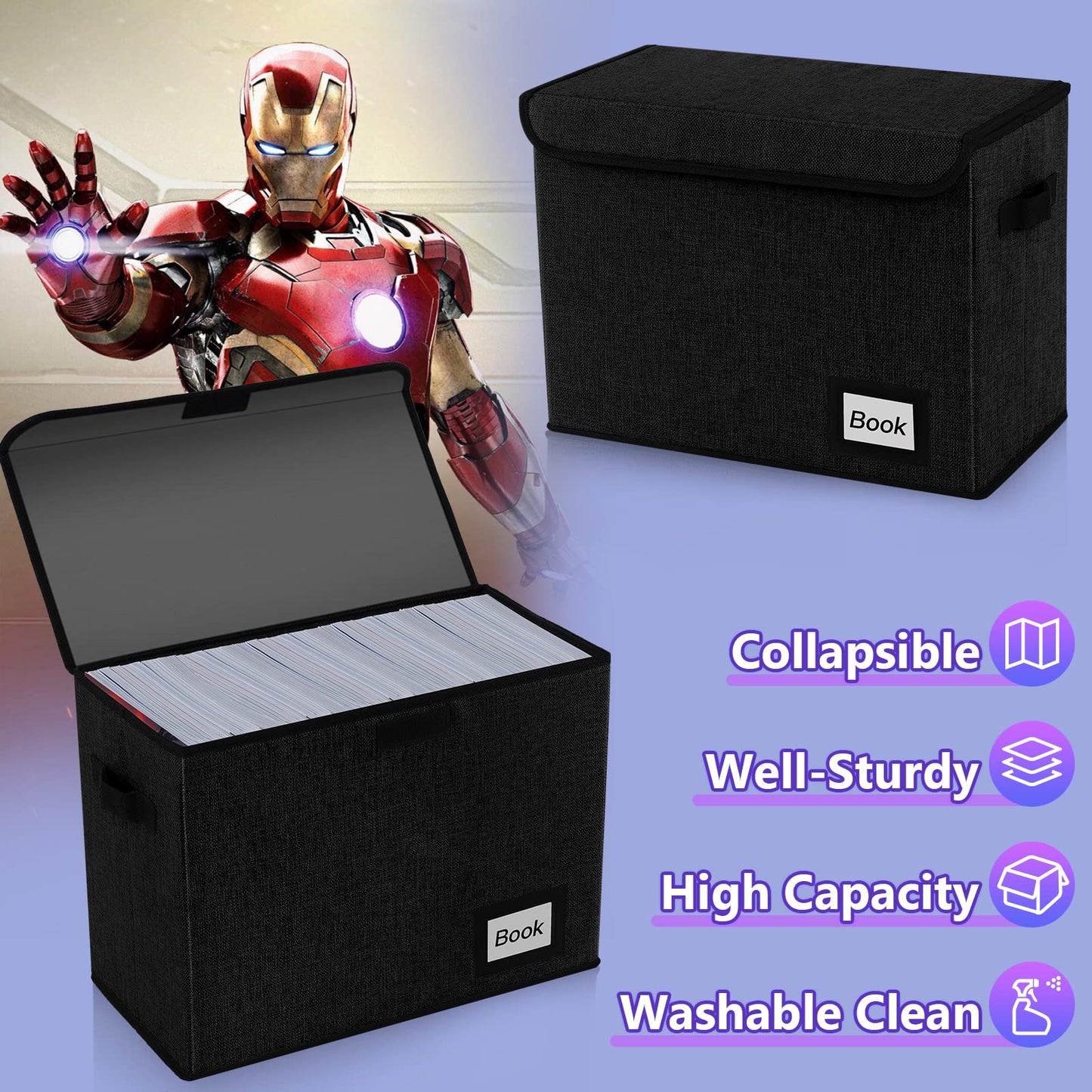 YNSZAS 5 Pack Comic Book Storage Boxes, 15.8" X 7.8" X 11.8", Collapsible Comic Short Box, Holds 160-180 Collection Comic Book Container Holder Shelf Protector Organizer Bin (Black)