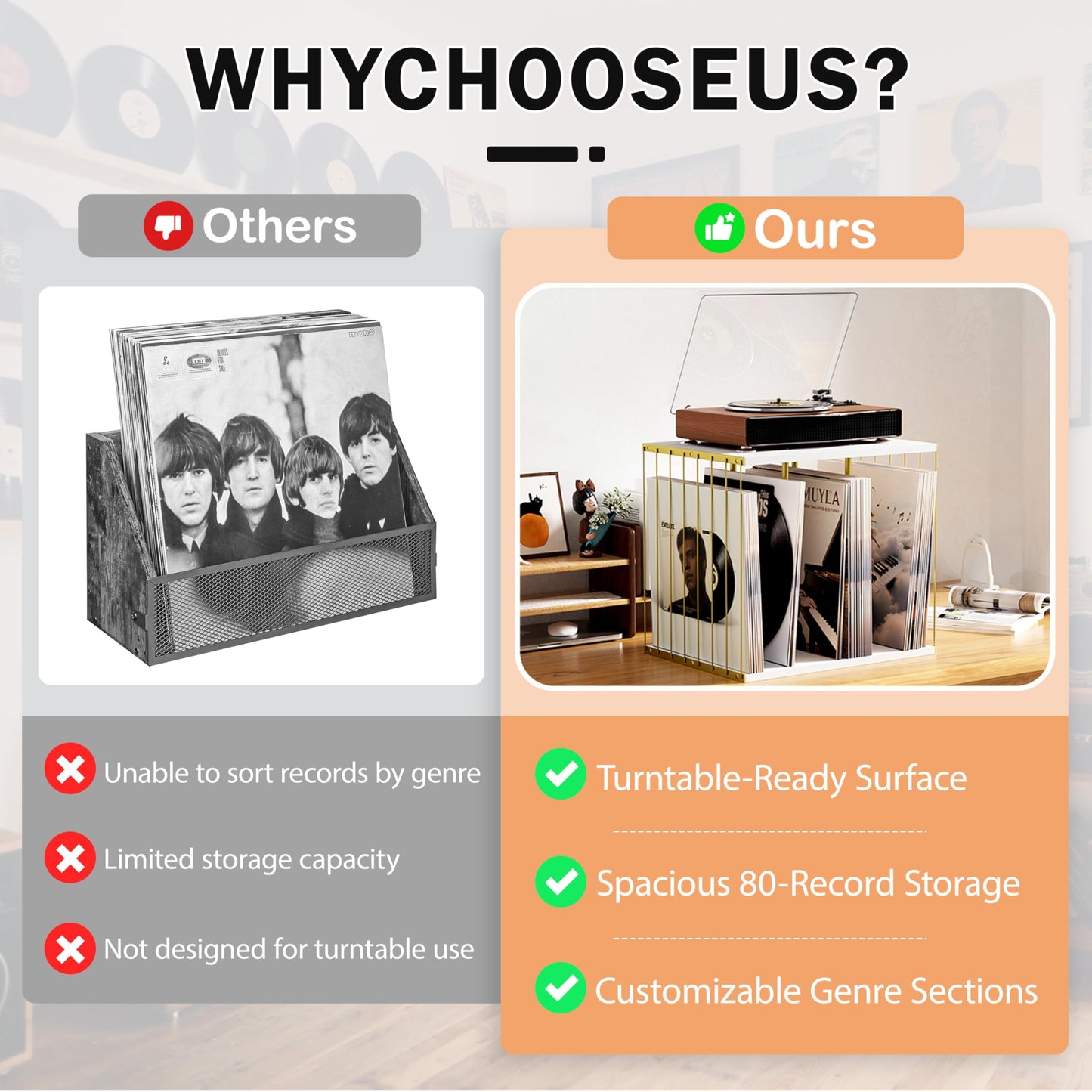 Emfogo Vinyl Record Storage, Metal & Wooden Vinyl Record Holder Up to 80 Album, 3-Compartment Record Player Stand for Magazine, Book, Files, Albums (White)
