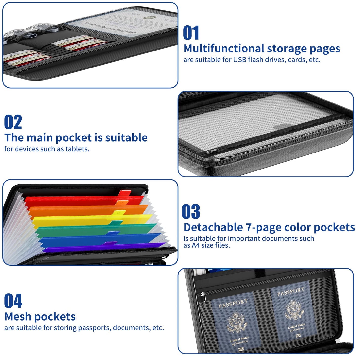 Tamfile Fireproof Document Box with Handle, Hard Case File Organizer with 7-Pocket Accordion Colour File Folder, Portable Safe Storage for Home Office Travel to Important Documents, Laptop, Black