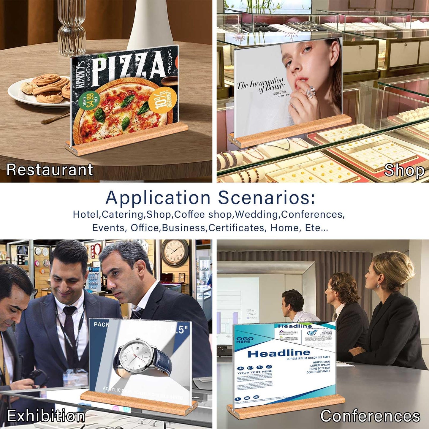 Kersally Acrylic Sign Holder 11 x 8.5'', 4 Pack Double-Sided Clear Table Display Stands with Wood Base,Horizontal Acrylic Frame Menu Flyer Paper Holder for Store, Restaurant, Hotel, Office, Show Fair