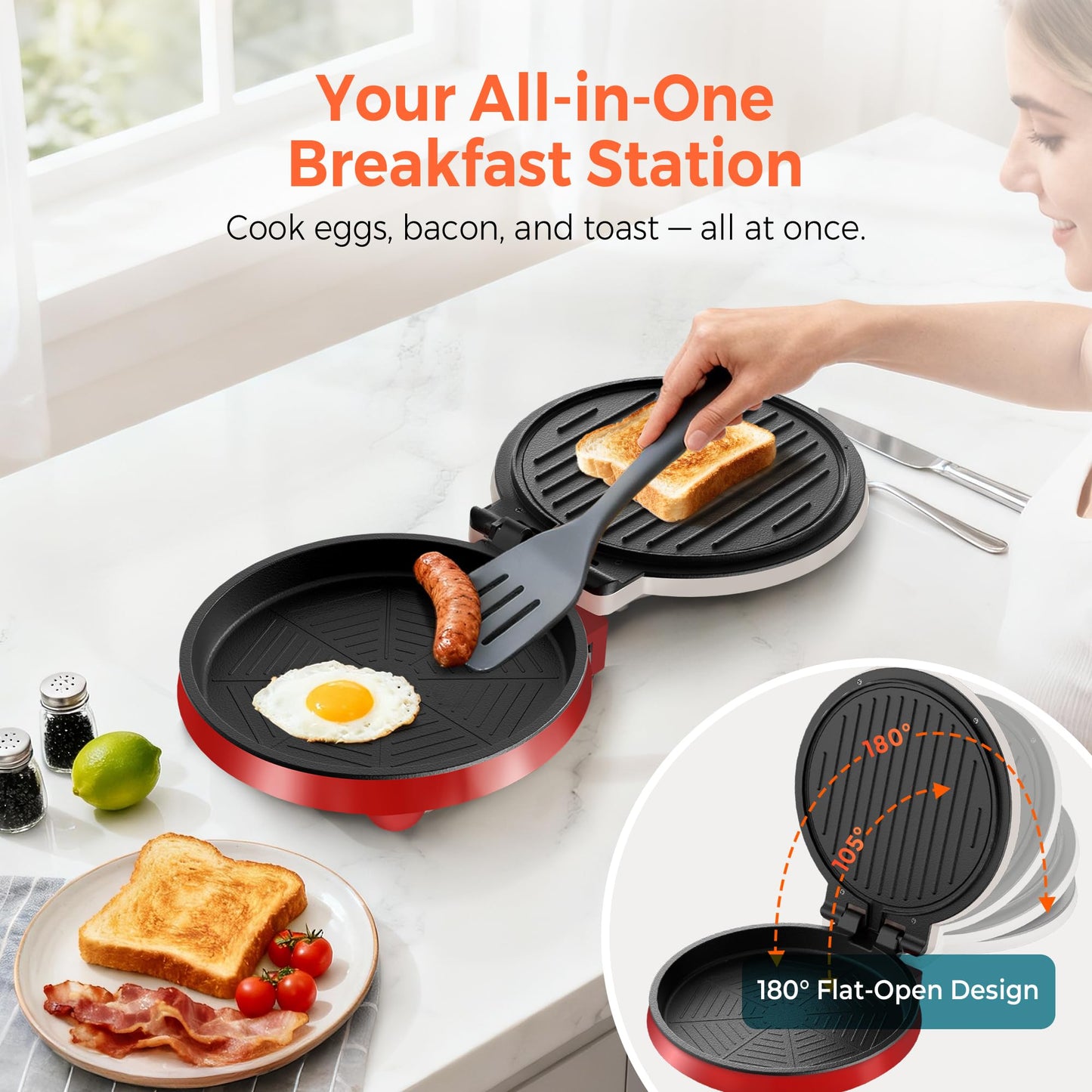 3-in-1 Electric Griddle & Sandwich Maker - CACHOO 8" Nonstick Round Griddle and Panini Press with On/Off Switch, 180° Open Design, Perfect for Pancakes, Omelettes, Quesadillas, Veggies (Red/Beige)