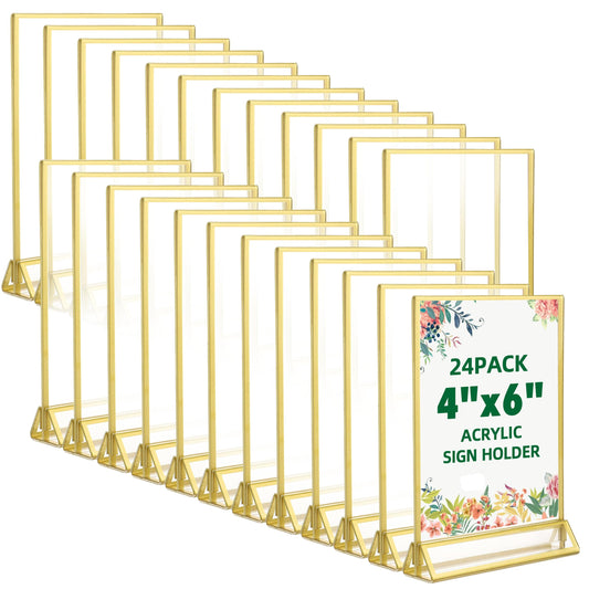 TonGass 24-Pack 4"x6" Gold Acrylic Picture Frames – 3mm Gold Border Wedding Table Number Holders, Clear Double-Sided Acrylic Sign Holders for Weddings, Banquets, Parties, Centerpieces