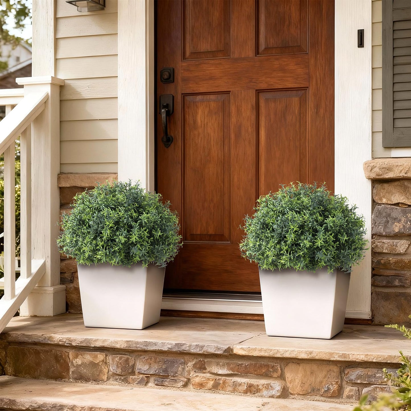 2 Sets Artificial Rosemary Topiary Ball Trees for Front Door - UV Resistant Faux Outdoor Rosemary Bushes, Fake Spring/Summer Greenery Potted Plants for Farmhouse Garden Porch Outside Decor
