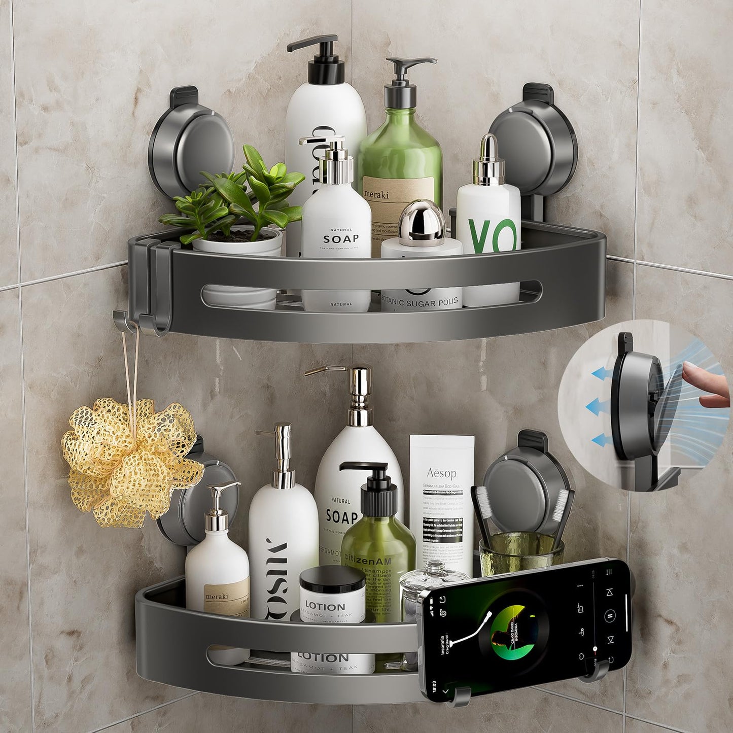 ONXE Corner Shower Caddy Suction Cup,Shower Shelves with Hooks,No Drilling Powerful Upgrade Suction Bathroom Corner Organizers and Storage,Removable Waterproof Rustproof Shower Shelf Bathroom Decor