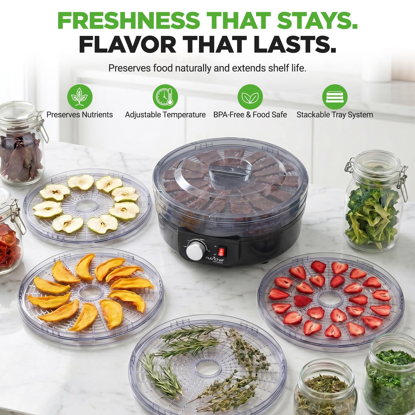 NutriChef Electric Countertop Food Dehydrator - Professional Multi-Tier Food Preserver - Dehydrates Fish, Meats, Mushrooms, Fruits & Vegetables - 5 Easy to Clean Stackable Trays., One Size, Black