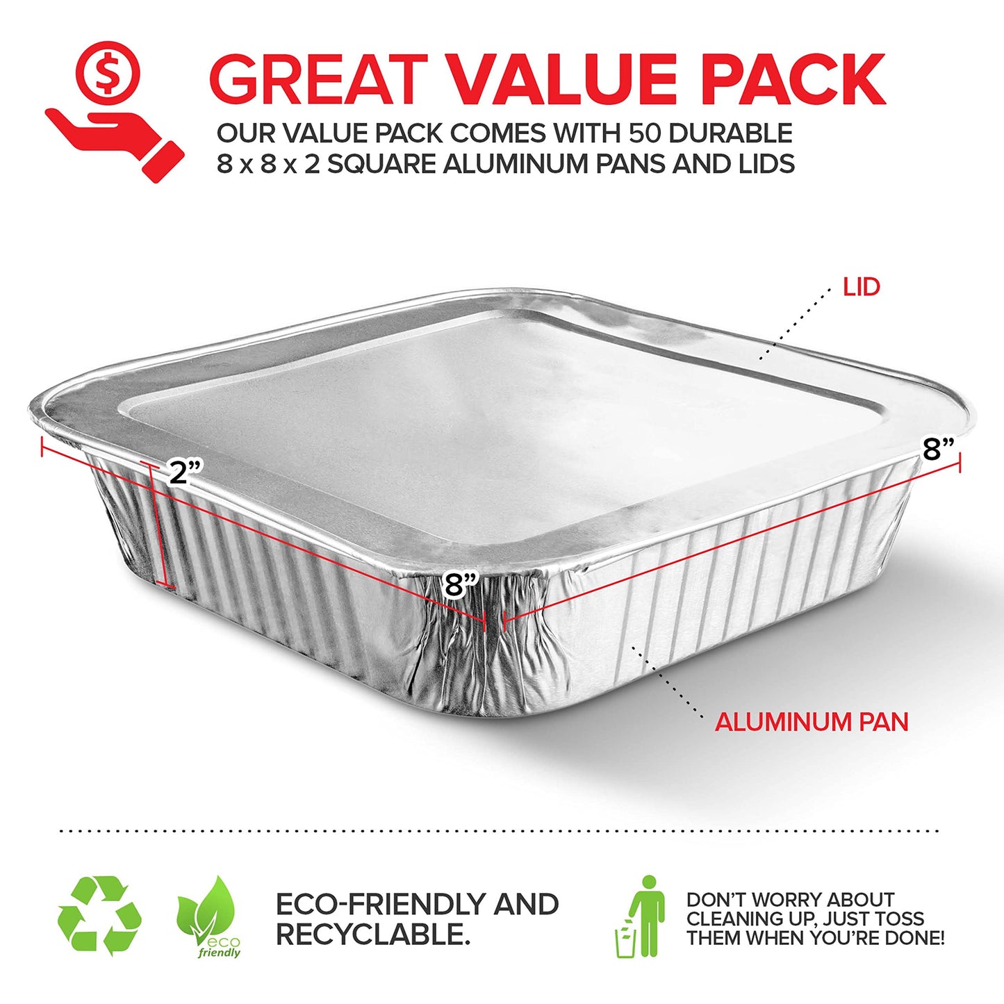 Stock Your Home 8” Square Foil Pans with Lids (50 Pack) - Foil Cake Pans with Covers - Aluminum Baking Pans - Disposable Cake Pans - 8 Inch Square Pans - Disposable & Recyclable Pans with Lids