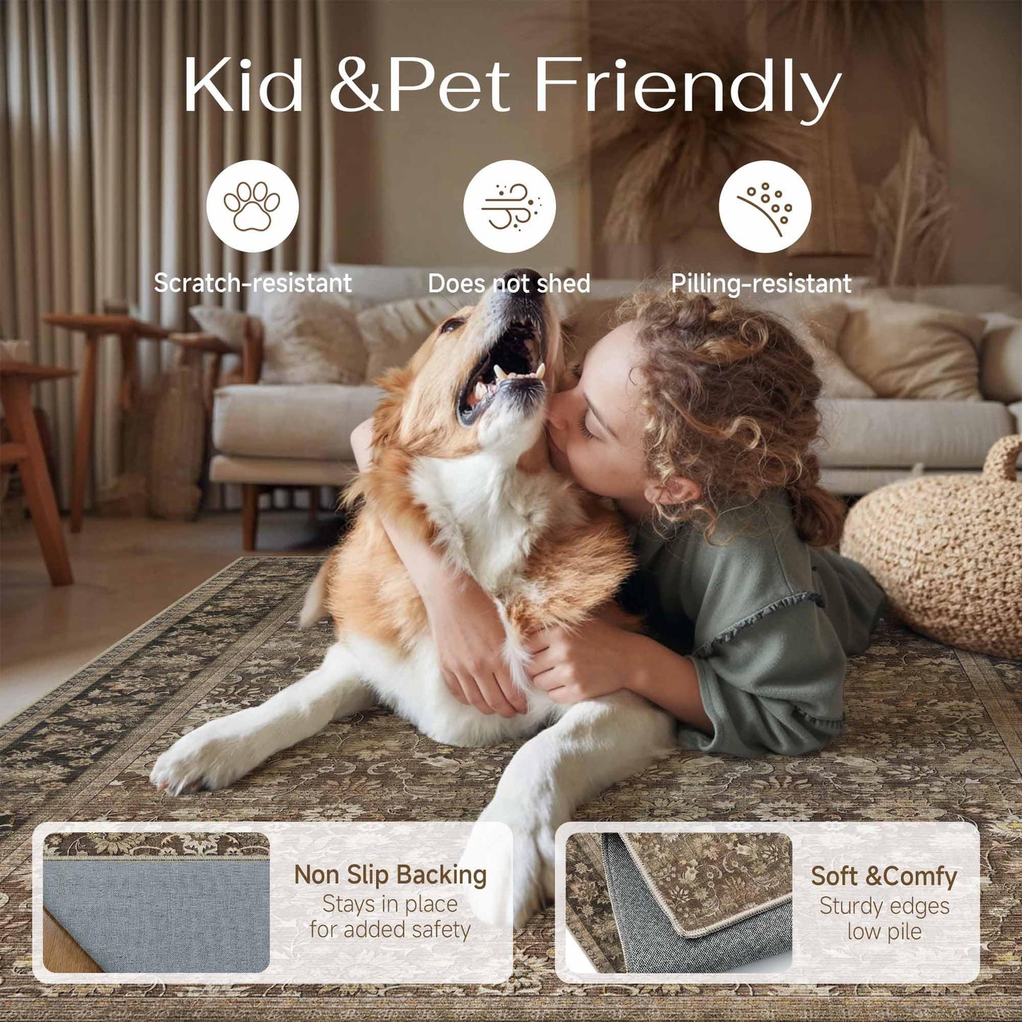 HUGEAR 5x7 Machine Washable Rugs Brown Hallway Area Rug Indoor Accent Rug Floral Low Pile Carpet Soft Throw Aesthetic Rug Bedroom Living Room Office Dining Room Kitchen Laundry Room Non Slip
