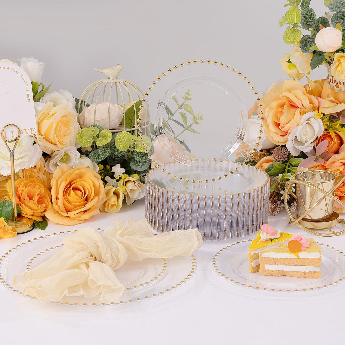 supernal 100pcs Clear Plastic Plates with Gold Beads-Clear and Gold Plastic Plates Disposable Heavy Duty-50 Dinner Plate 10.25inch and 50 Dessert Plate 7.5inch for Wedding,Birthday,Bridal Showers
