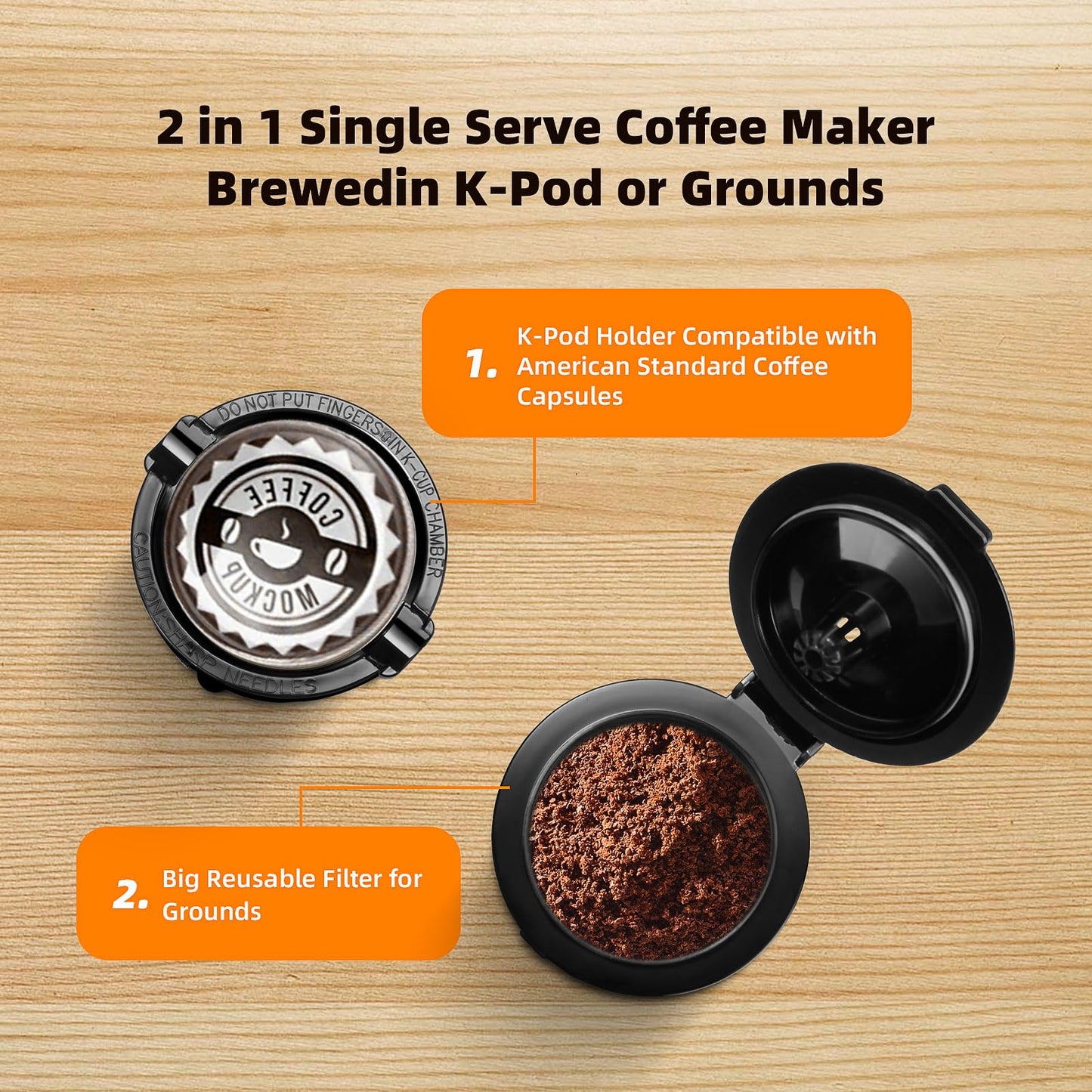 Horavie Mini Single Serve Coffee Maker for K Cup Pods and Ground Coffee, Fast Brew One Cup Coffee Machine with Descaling Reminder and Water Window, 6 to 12 oz. Brew Sizes, Gray