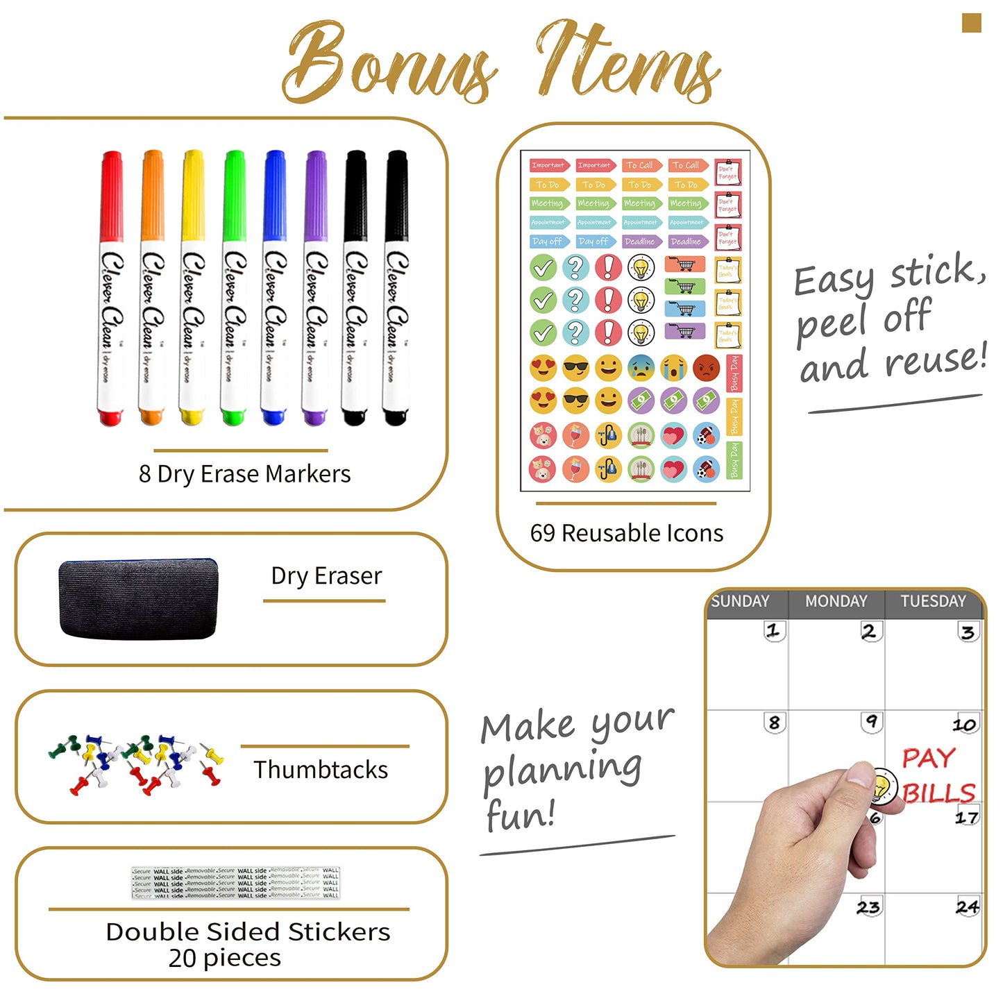 CLEVER CLEAN Large Dry Erase Wall Calendar - 36"x72" Undated 3-Month Calendar for Home, School, Office Projects - Jumbo Reusable Task Organizer