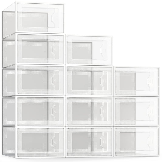 SEE SPRING 12 Pack Shoe Storage Box, Clear Plastic Stackable Shoe Organizer for Closet, Space Saving Foldable Shoe Rack Sneaker Container Bin Holder