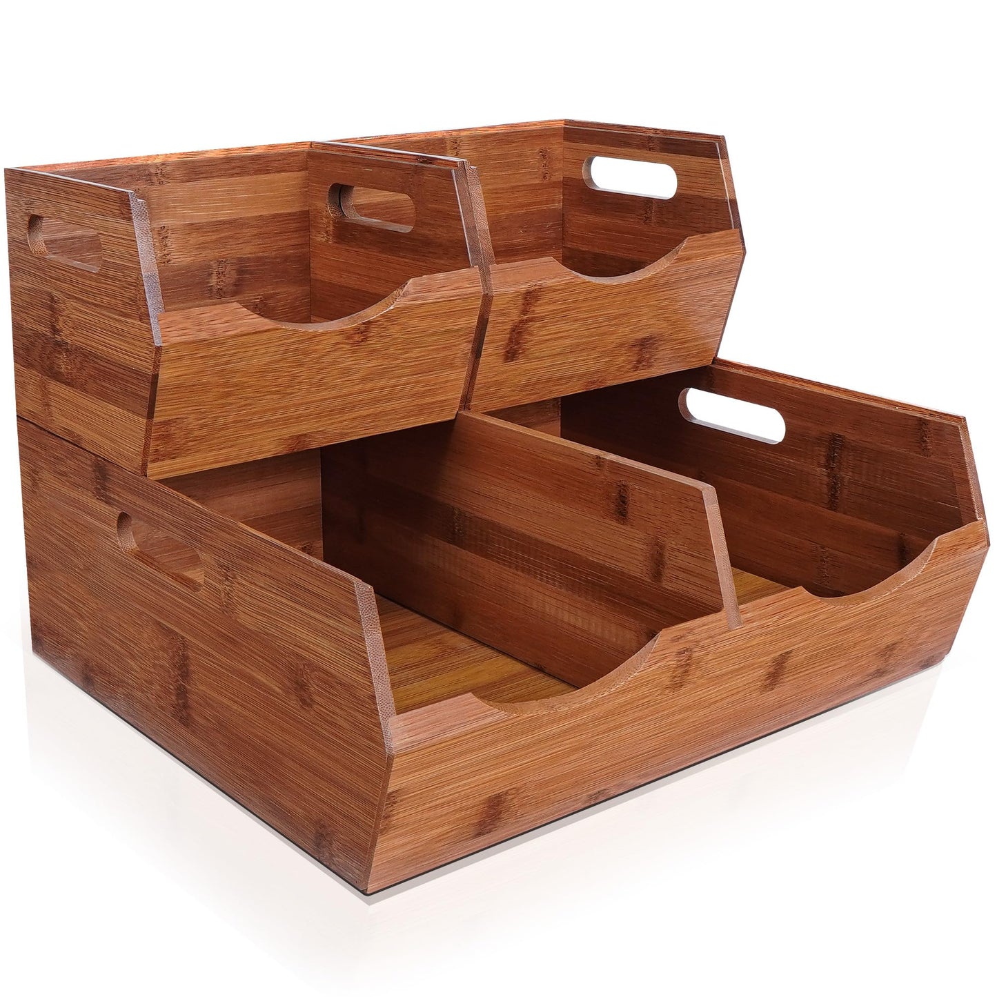 [Upgraded] 2-tier Stackable Bamboo Pantry Storage Bins, Potato and Onion Storage Baskets with Handles, Removable Divider, Pantry Organizer Holder for Kitchen, Office, Cabinet, Fruit Storage (Walnut)