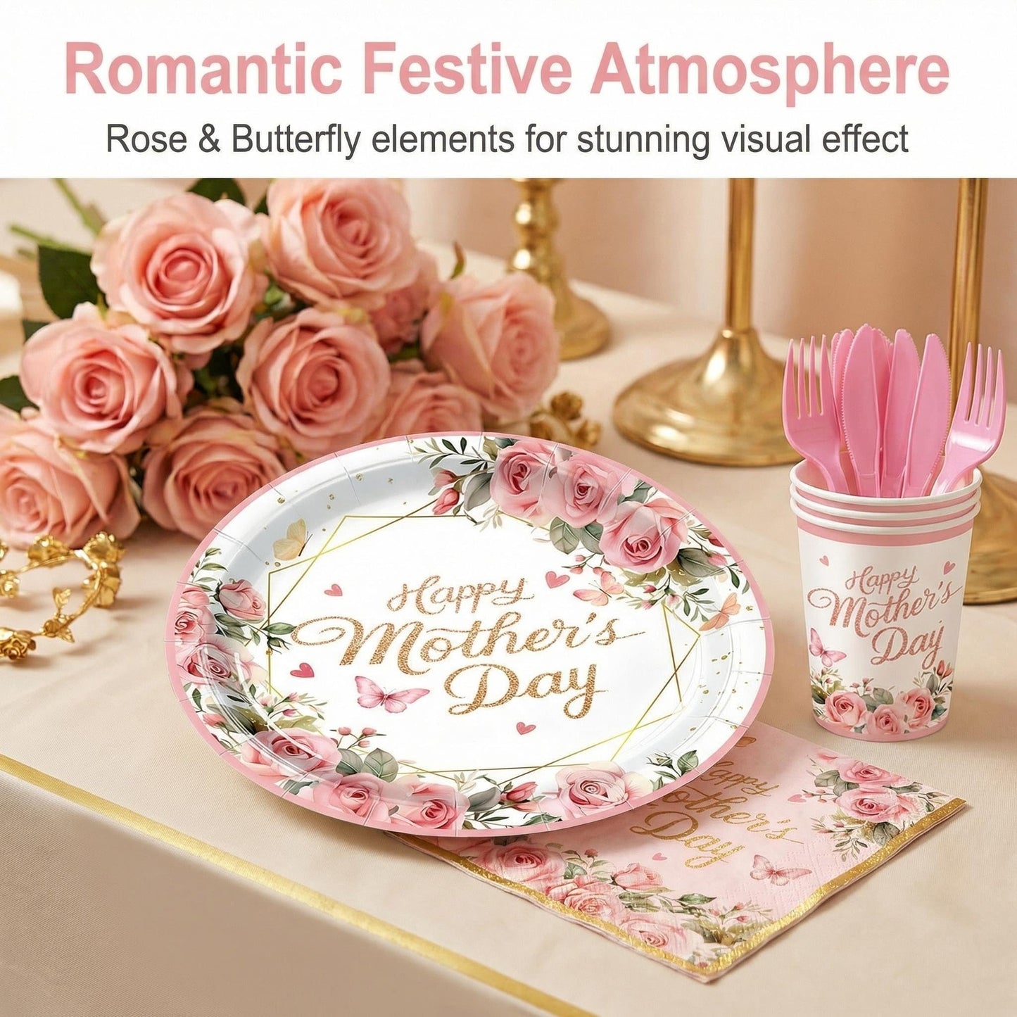 Happy Mothers Day Decorations Plates Set for Party - Serves 24, Includes Happy Mothers Day Banner, 2 Mothers Day Tablecloths, Pink Floral Plates, Napkins, Cups Table Decor Sign for Mom