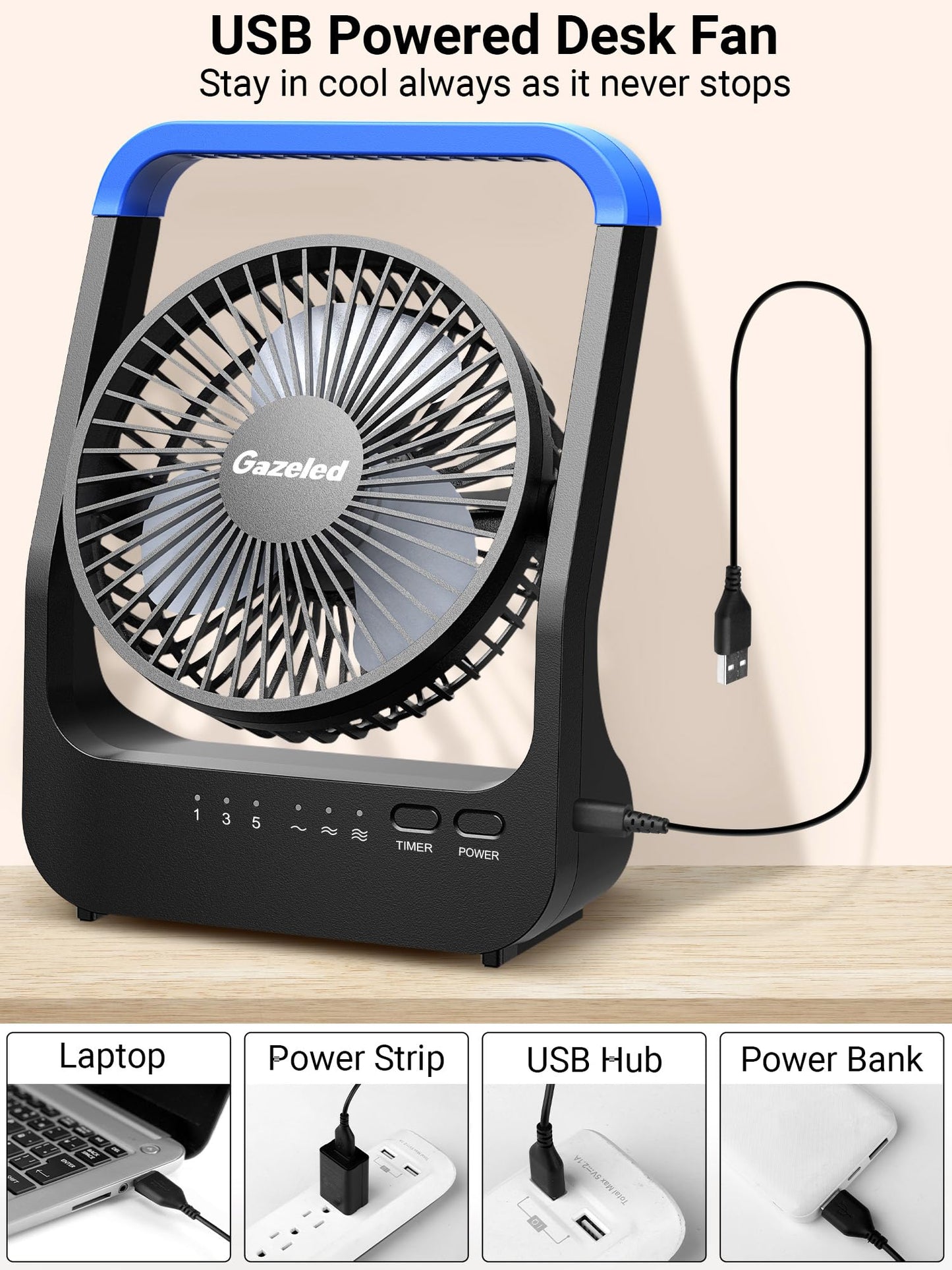 Gazeled Battery Operated Fan, Camping Fan Battery Powered, Super Long Lasting, 5'' Portable D-Cell Battery Powered Desk Fan with Timer, 3 Speeds, Quiet, 180° Rotation, for Office,Bedroom,Outdoor, F24