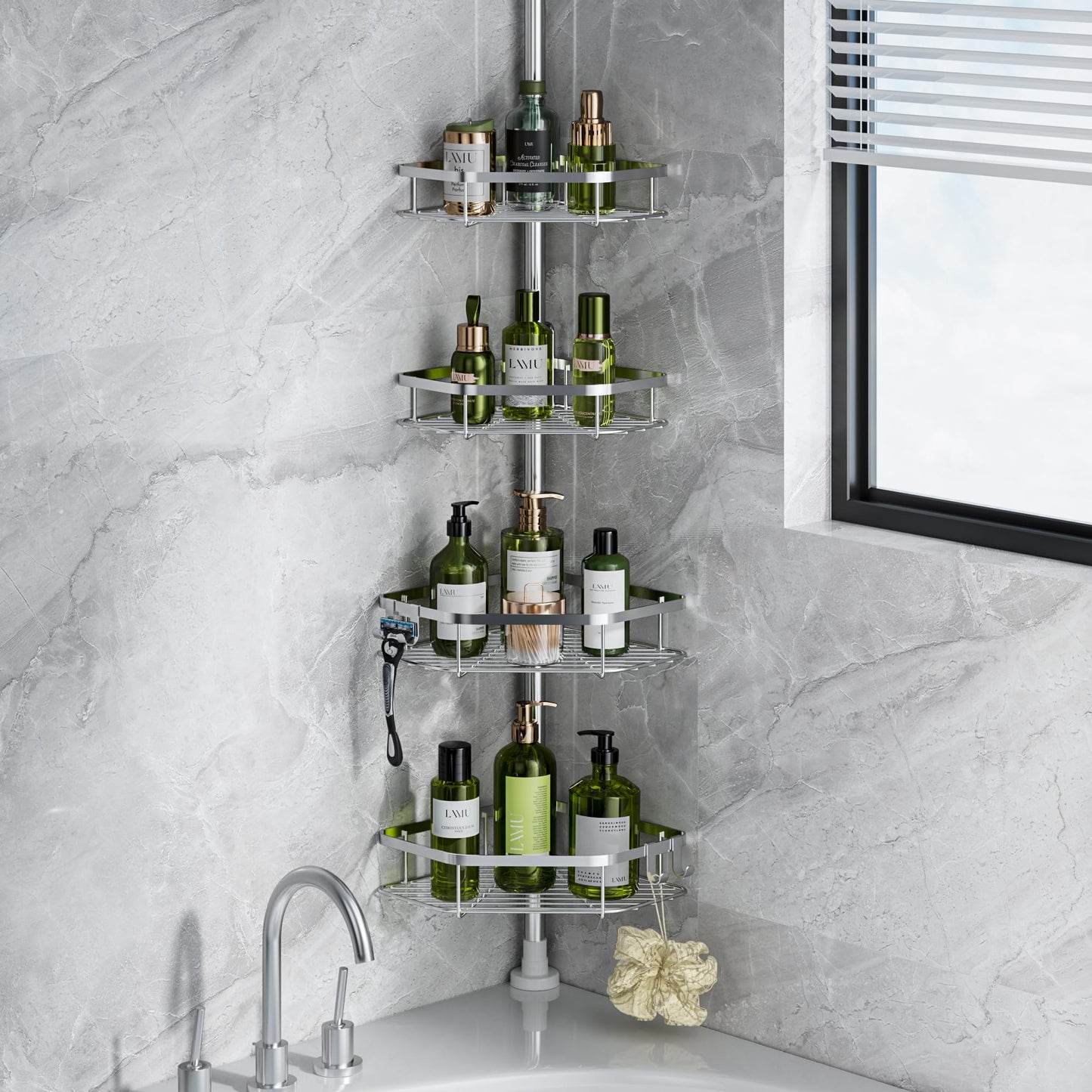 LAMU Shower Caddy Corner Tension Pole, Stainless Steel Shower Organizer, Strong Spring, 5 Adhesive Pads, 2.4 in Non-Slip Grid Base, Adjustable 4-Tier Basket, 4 Hooks, Fits Heights 37.8-124 in, Silver