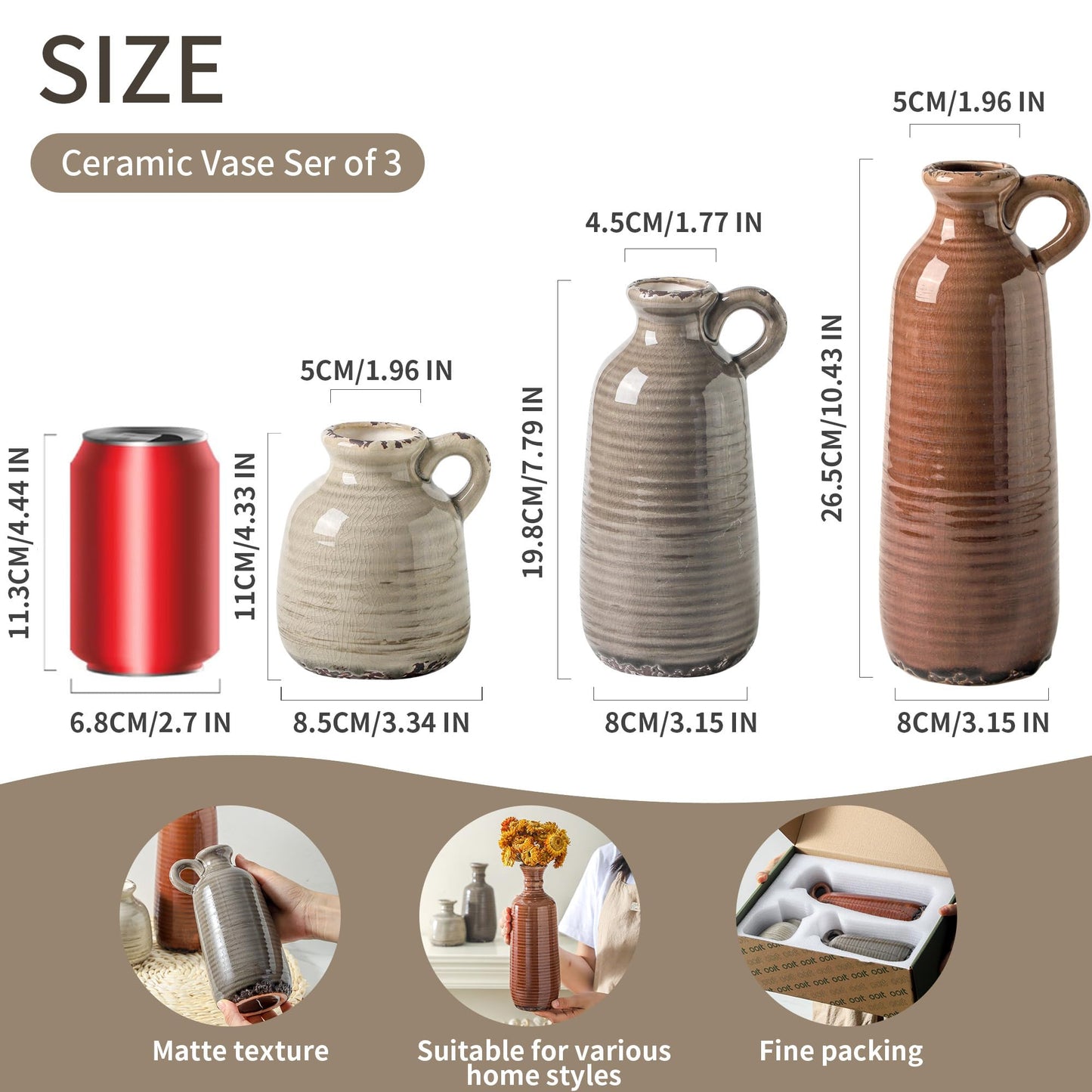 Ceramic Vases Set of 3, Neutral Rustic Farmhouse Vase with Handle, Decorative Flower Vases Home Decor Modern Boho Pampass Vase for Table Mantel Entryway Shelf Living Room Kitchen Bathroom - Brown